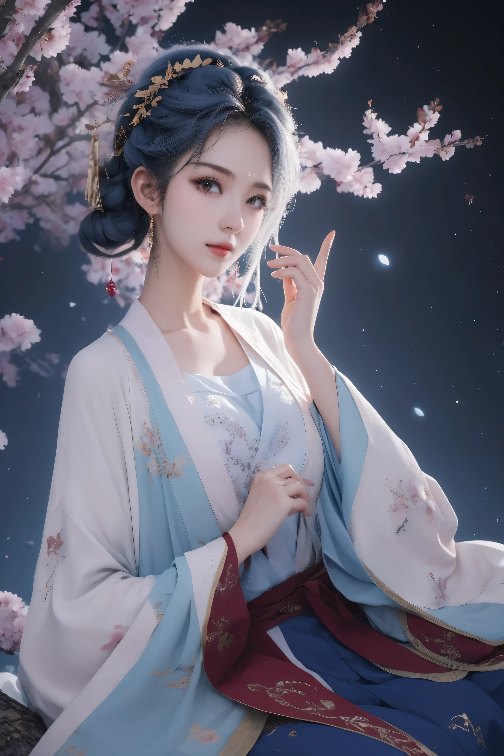 girl,Beauty,messy hair,gentle eyes,Ultimate picture quality,ambient light,Exquisite facial features,high quality,Masterpiece,girlish feeling,Correct proportions,Two dimensions,blue hair,Hair color gradient,Silvery hair,cherry blossoms falling,street,eyelashes long,Starry eyes,White dull hair,Hanfu,,Cat ear,HD,night ,Not showing hands,winter,Random shooting angle,Random poses,bird's eye view