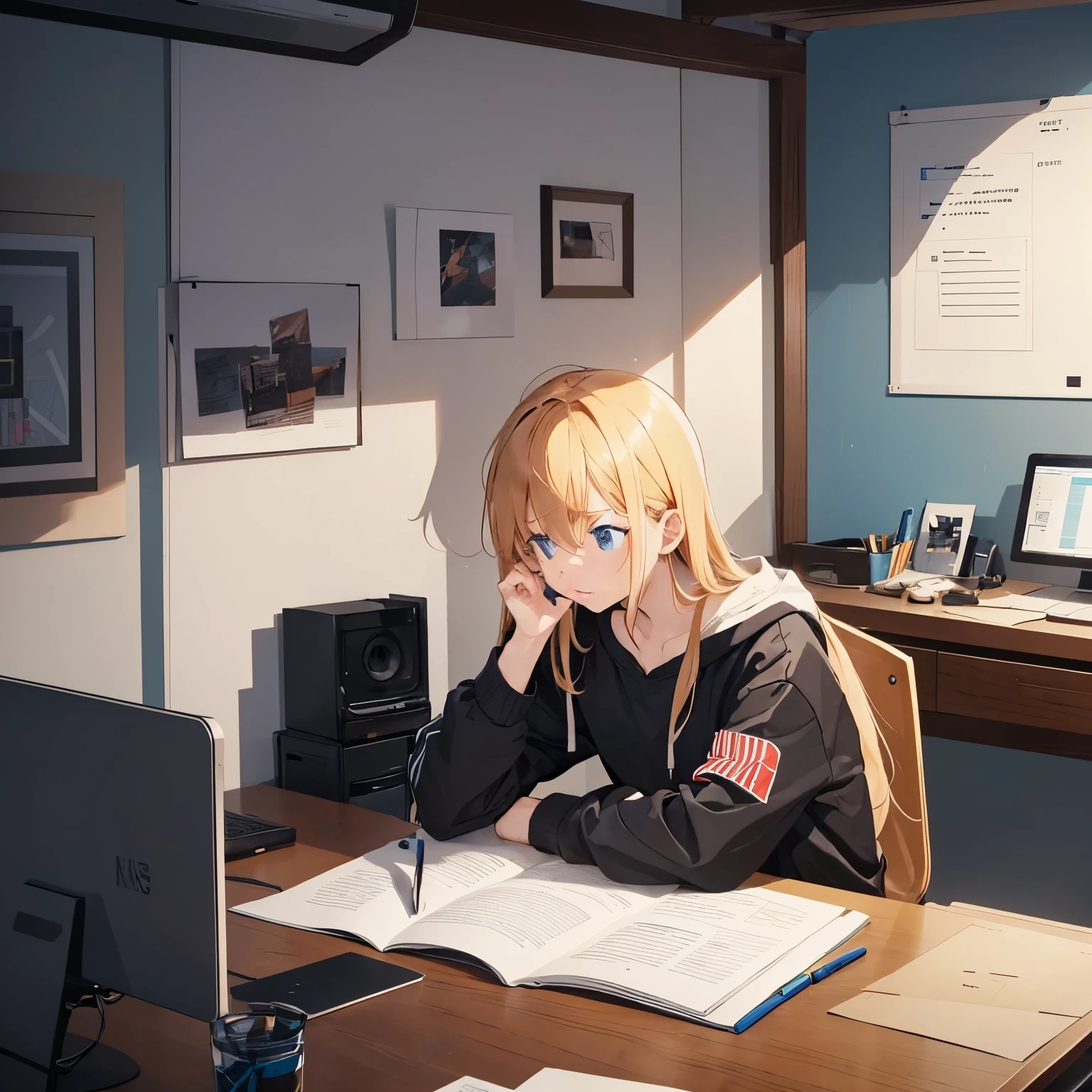 A frustrated blogger sitting in a scattered and disorganized workspace, staring on m empty space and chewing on a pen in his hand. On one part of the wall of the Workspace is "BlogSolutions" boldly inscribed in a stylish design.