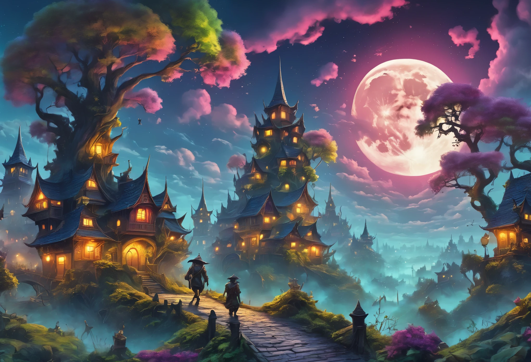 ((goblin city: 1.5)), (masterpiece), (Best quality: 1.0), (Ultra-high resolution: 1.0), detailed illustration, detailed landscape, vibrant colors goblins walking through the city, 8K, night, moon clouds, ((magical, beautiful, trees: 1.4 )), ((Best quality, vibrant, 32k light and well-defined shadows)).