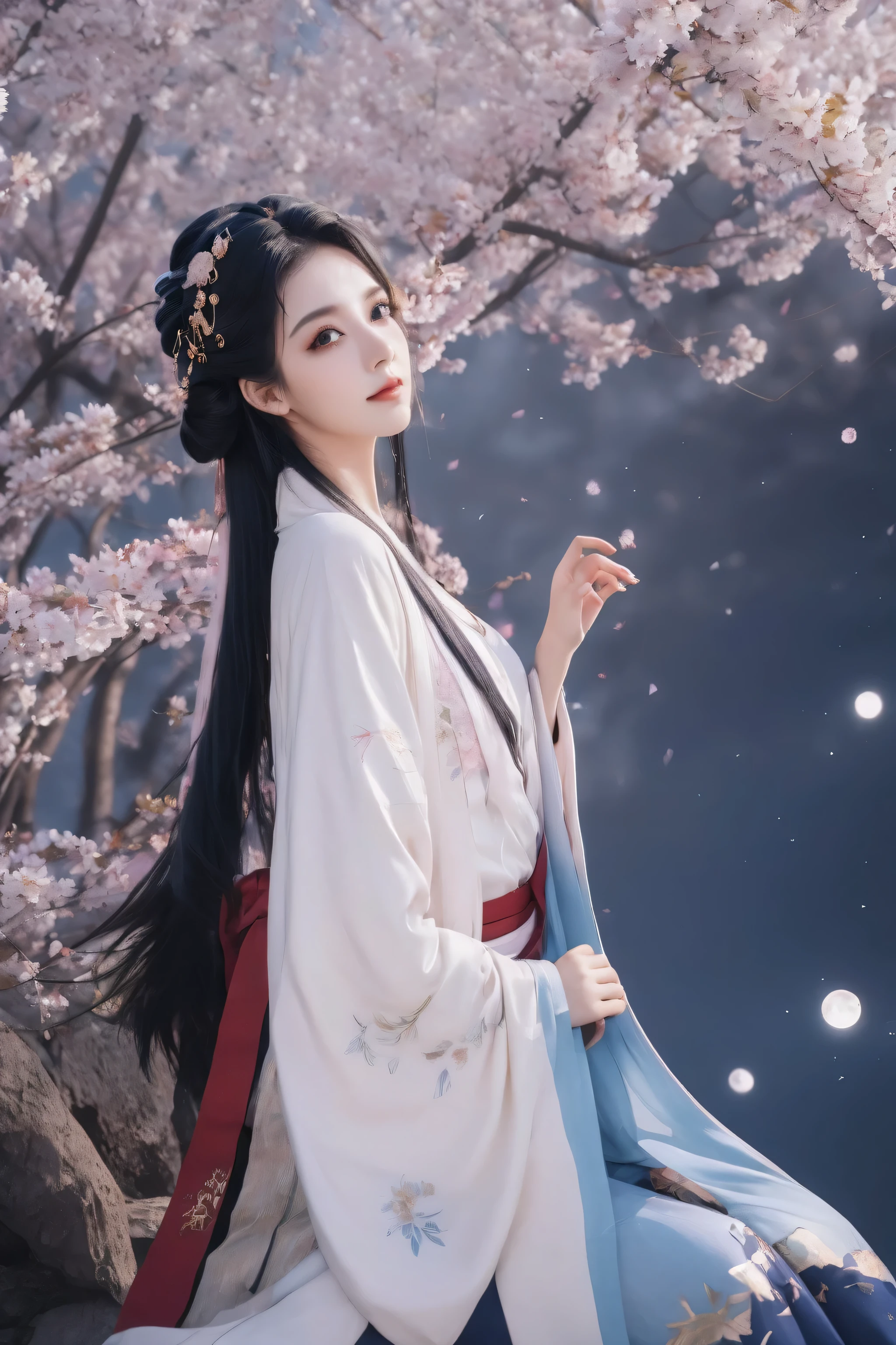 girl,Beauty,messy hair,gentle eyes,Ultimate picture quality,ambient light,Exquisite facial features,high quality,Masterpiece,girlish feeling,Correct proportions,Two dimensions,blue hair,Hair color gradient,Silvery hair,cherry blossoms falling,street,eyelashes long,Starry eyes,White dull hair,Hanfu,,Cat ear,HD,night ,Not showing hands,winter,Random shooting angle,Random poses,bird's eye view