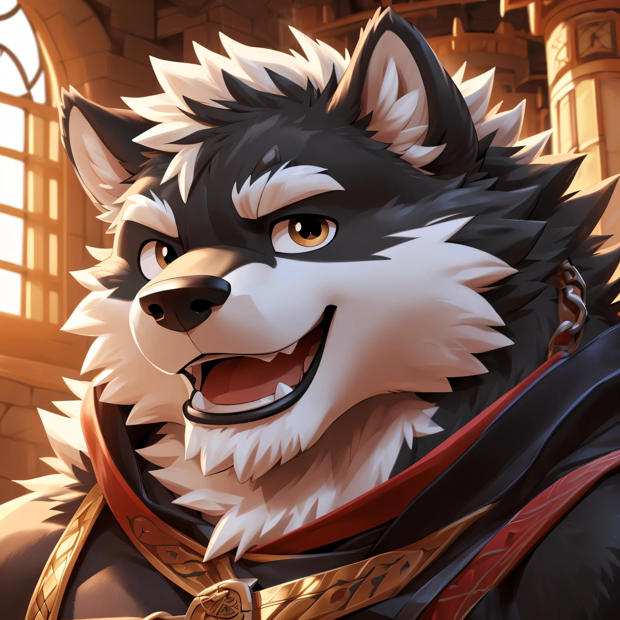 solo, ((fluffy fur, fluffy)), detailed fluffy fur, detailed face, detailed eyes, dynamic pose, (ultra detailed), sharp focus, niji, eyesgod, furry, (gray-black fur:1.5), white beard, anthro (wolf), male, middle-aged, (white belly:1.5), muscular, (adventurer costume), ultra detailed face, high details, high quality, (best quality,4k,8k,highres,masterpiece:1.2), by takemoto arashi, by kulplant, by 69panda, by null-ghost, dynamic lighting, looking at viewer, portrait, (at indoor castle:1.5), (generous smile, lift eyebrow:1.4), highres, ((front view)), cartoon style, (headshot:1.5), (close up:1.5)