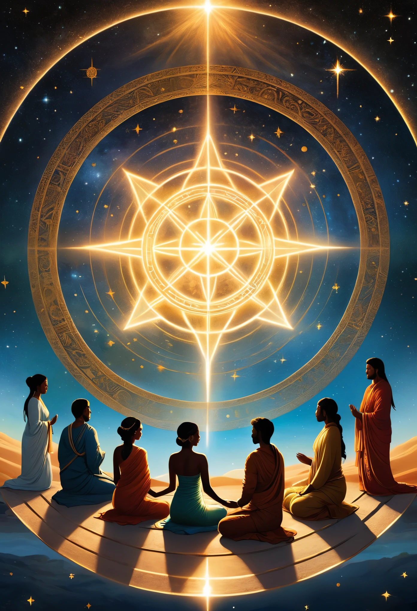 In a serene and timeless space, illuminated by the soft glow of the cosmos, figures of light and shadow stand in a circle, their hands joined in unity. They are surrounded by symbols of ancient wisdom and harmony, with the stars above reflecting the endless journey of the soul. The scene embodies a profound sense of peace and eternal companionship with the ancestors. As they chant - Aaah, Oooh, Eeee, Aaah - a visible vibration of harmony and peace emanates from the circle, enveloping everything in its warmth. The essence of this moment transcends the physical, capturing the deep, unbreakable bond between the present and the ancestral past, indicating that together, in ancestral harmony, our journey is everlasting.
