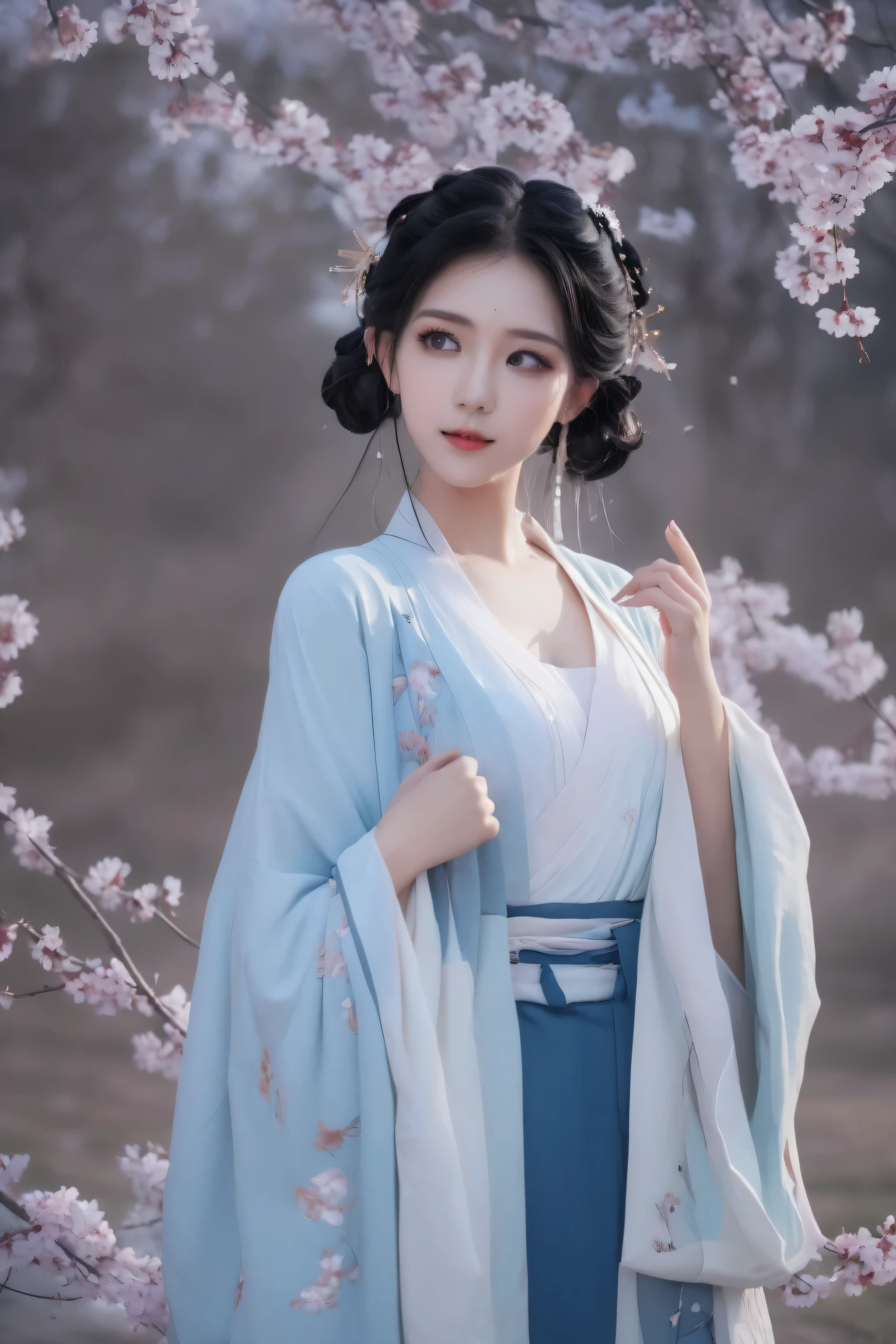 girl,Beauty,messy hair,gentle eyes,Ultimate picture quality,ambient light,Exquisite facial features,high quality,Masterpiece,girlish feeling,Correct proportions,Two dimensions,blue hair,Hair color gradient,Silvery hair,cherry blossoms falling,street,eyelashes long,Starry eyes,White dull hair,Hanfu,,Cat ear,HD,night ,Not showing hands,winter,Random shooting angle,Random poses,bird's eye view