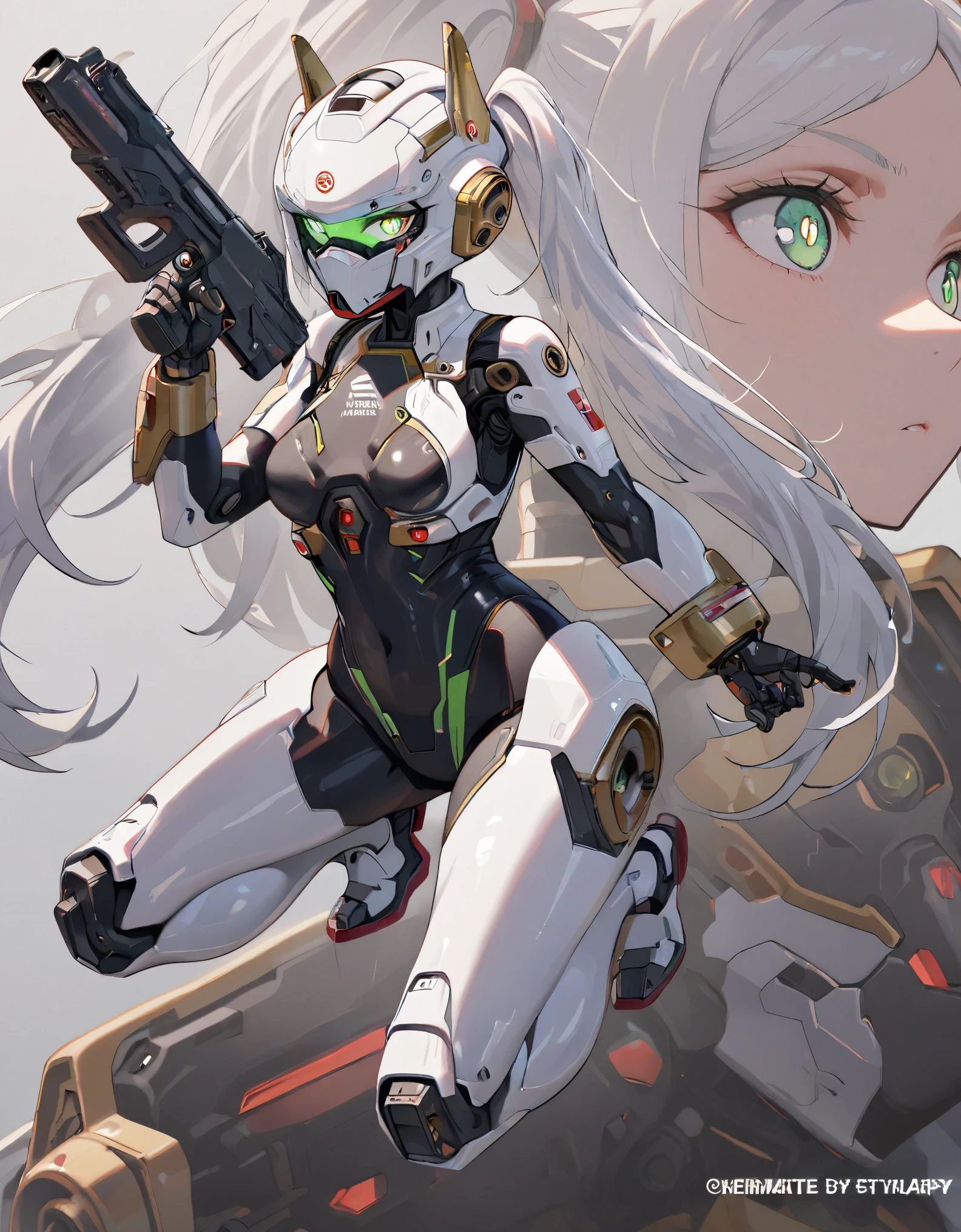 best quality, absurdres, 1girl, solo, IncrsNikkeProfile, full body, zoom layer, holding weapon, holding gun, one knee, FrierenFrieren, owoface, ((green eyes, futuristic glowing eyes, well-aligned eyes)),  detailed black pupils, twintails, white hair, extremely detailed face, ((mechanical bodysuit, cyber helmet)), (full body, fight stance), perfect gun, detailed gun, holding gun, cyborg, joints, covered body, robot feet, (cinematic lighting), (simple gray background)