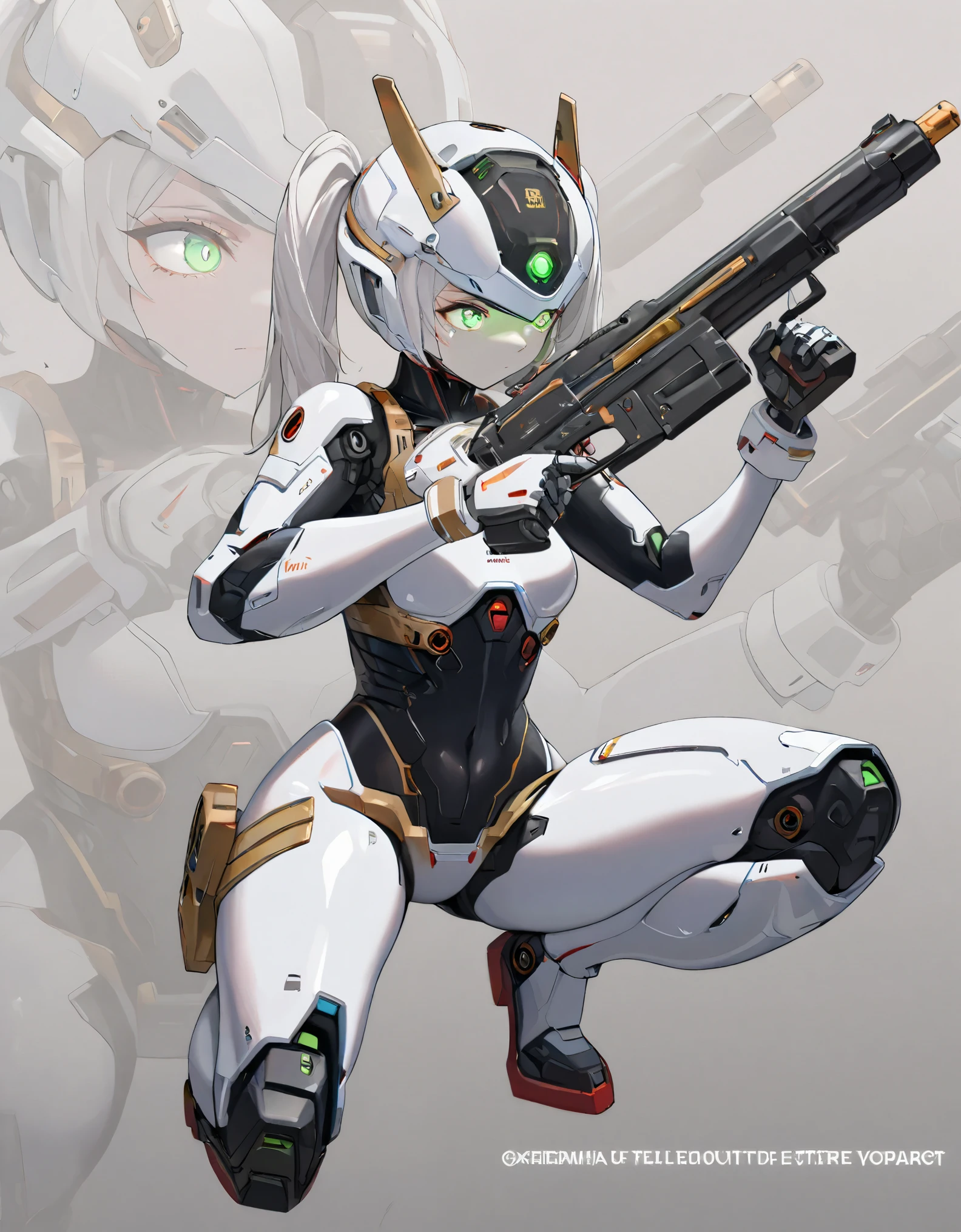 best quality, absurdres, 1girl, solo, IncrsNikkeProfile, full body, zoom layer, holding weapon, holding gun, one knee, FrierenFrieren, owoface, ((green eyes, futuristic glowing eyes, well-aligned eyes)),  detailed black pupils, twintails, white hair, extremely detailed face, ((mechanical bodysuit, cyber helmet)), (full body, fight stance), perfect gun, detailed gun, holding gun, cyborg, joints, covered body, robot feet, (cinematic lighting), (simple gray background)