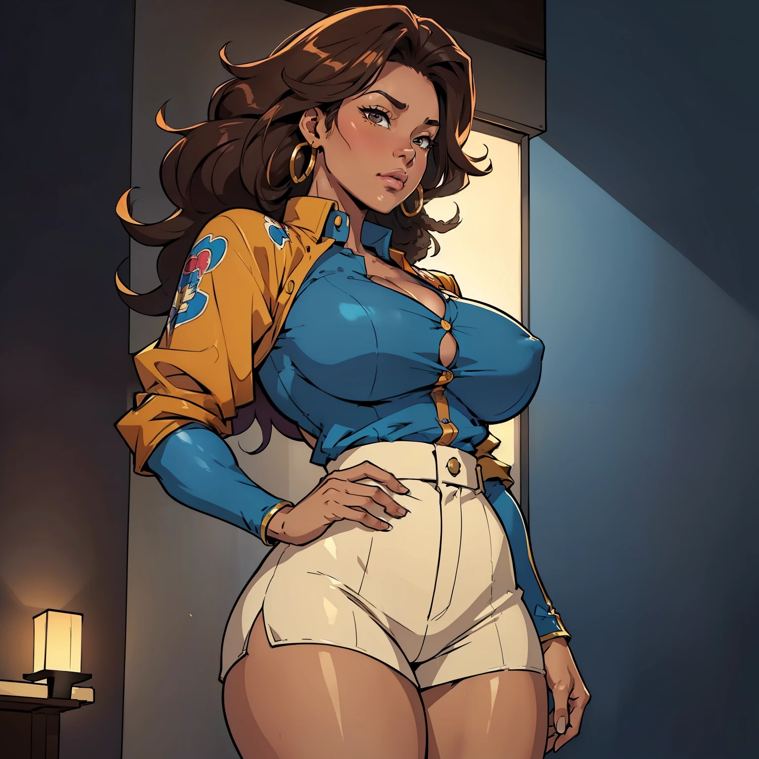 (light skin:1.1, thick thighs:1.1, huge breasts:1.1) afro, (tight:0.9) multicolorvbutton down, 70s clothes anime superhero attire, holding a (kitana:1.1), (best quality:1.2), ultra-detailed, (realistic:1.37), portraits, vibrant colors, warm tones, soft lighting
