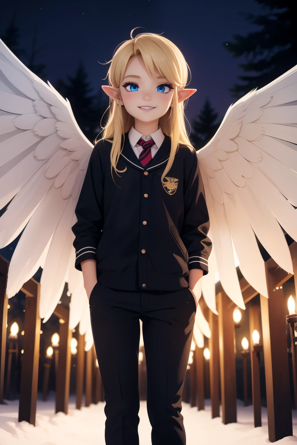 linkxl,teen,thin,tall,blonde hair,pointy ears,blue eyes,black lips,long hair,eye shadow,mean smile,school outfit,pants,angelic wings, standing, night, camp, candle, solo, outdoors, winter, from below,