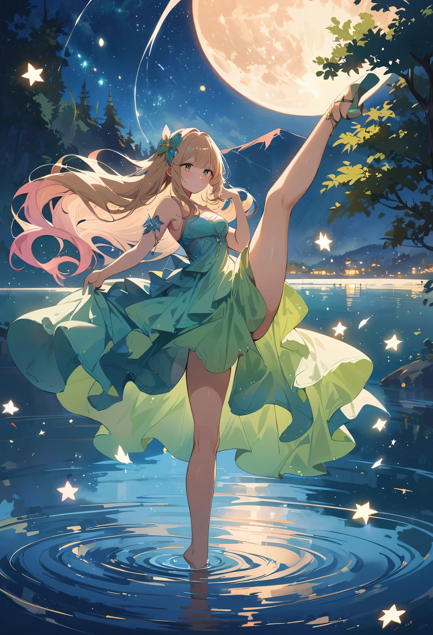 (masterpiece, best quality:1.2), 1girl, solo,standing_split, standing split,standing on one leg,
(high resolution,best quality,actual),1 girl,standing on the lake,Gaze at the moon,sparkling reflection on water,serene atmosphere,(ethereal, ethereal beauty:1.1),(flowing long hair,flowing dress),(Soft moonlight illuminates the scene),(mystery,Obsessed),water ripples,(whiss,Moderate breeze),calm and quiet night,stars shining in the sky,(delicate,delicate colors),(sublimation,sublimation beauty),(contour, contour figure),(peaceful,peaceful expression),(distant mountains,Tree in the distance),(dreamlike,dreamlike scene),(peaceful,peaceful setting),(magic,magic moment),(Lush green plants, lush surroundings),(ethereal reflections,reflection on water),(majestic,majestic view),(charming,charming sight),(peaceful,brooding mood),(light illuminates darkness),(peaceful,serene aura),(Moderate,Moderate waves),(Starlight,Starlight sky),(shining,starry night),(serene,serene beauty),(fantastic,fantastic atmosphere),(Lakeside scene,lake view),(dream,dream landscape),(ethereal,ethereal ambiance),(mystery,mystery aura),(quiet,quiet surroundings),(Lonely,serene Lonely)