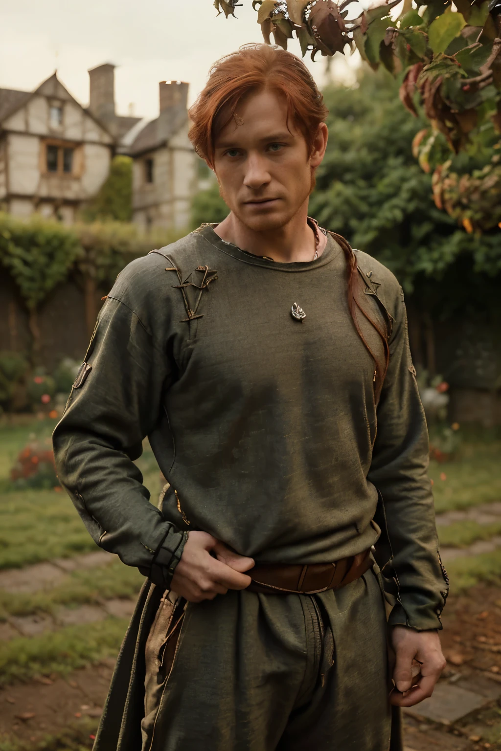 England, 1349. A young ((((33-year-old)) Merthin Fitzgerald)), handsome, athletic, in his home garden, apple trees, (((resentment expression)). ((((clothings from the 1340s)))), ((redhead hairstyle of the 1340s))