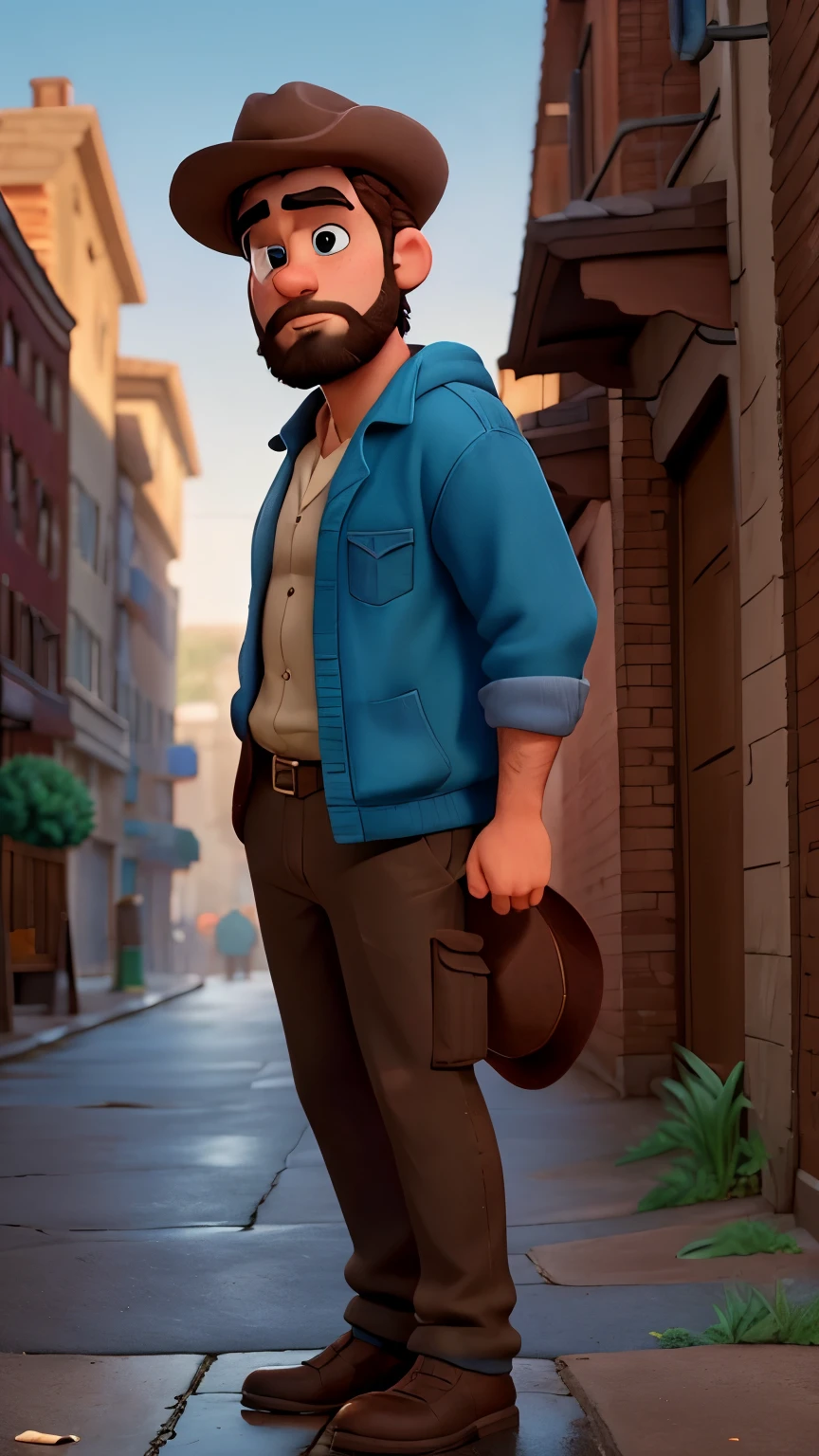 In the dimly lit alley, a determined 26-year-old detective, with a classic hat shading his face and a thick beard covering the lower half of his, stood hunched over, focused on the task at hand. His brown eyes scanned the ground meticulously, every now and then glancing up at the grimy brick walls that surrounded him. The Estilo Disney Pixar atmosphere enveloped the scene, with the cool and soft light emanating from an old streetlamp casting long, dancing shadows.

Suddenly, his gaze fell upon an unspeakable sight: a lifeless body lying in an unassuming corner, pools of rainwater quickly gathering in the
