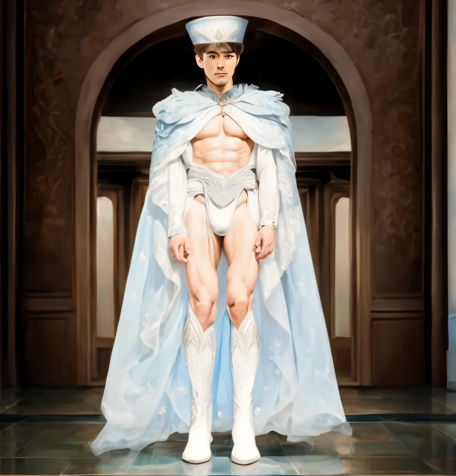 Handsome and exquisite man,The details of the eyes and face are very rich, exquisite eyes, super detailed, High resolution, The content is very detailed,best quality,EnLightenment,Unite,8k wallpaper,masterpiece,best quality,imagine,1 boy,Put on sexy blue briefs, Huge pectoral muscles,Metallic style powder blue priest cloak,priest hat,standing posture,long legs,Put on powder blue boots,look at the audience,Face the audience,flowing long hair,Surreal 8000g,Impeccable,masterpiece,professional artwork,famous artwork,Light,movie bloom,perfect face,pretty face,fantasy,Dreamy and magical,not real,intricate details,Delicate pattern...man's face