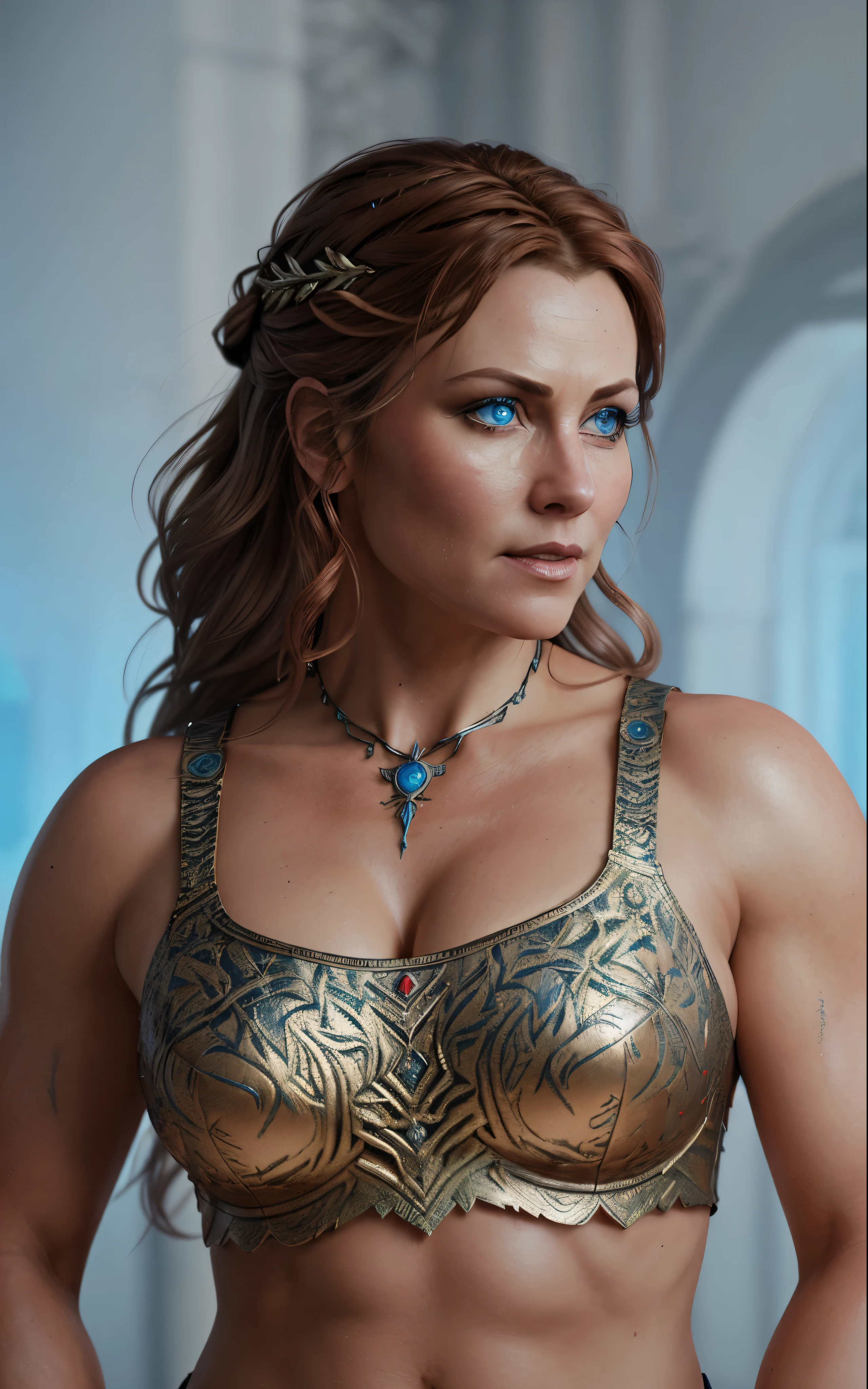 Full body Portrait of the Great Nordic Queen, a very gorgeous woman, 50 years old, thick healthy body, erotic warrior costumes, dark red styled fluffy hair, natural Blue eyes, a nose with a bump, an elongated chin, dressed in ancient national,
8k resolution, dynamic lighting hyperdetailed intricately detailed Splash art trending on Artstation triadic colors Unreal Engine 5 volumetric lighting, oil painting, heavy strokes