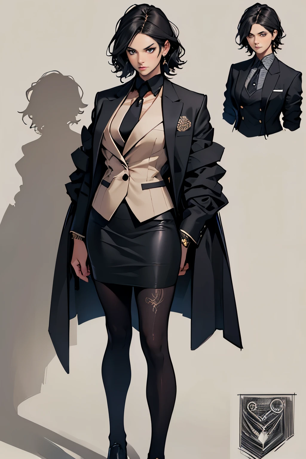 1 girl, wavy hair, black hair, short hair, ager, snooty, top, elegant skirt, (((three-piece suit))), tie, blazer, suit jacket, vest, double-breasted vest, skirt tight, pencil skirt, elegant jacket and skirt, black clothing, light background, full body, teen, tribal tattoo, white and red details, sketchbook, hand drawn hand, symbols, dark, bold, realistic sketch, sketch, mix of dark lines and loose lines, bold lines, on paper, turn on character sheet, human woman, gray eyes, full body, elegant imposing pose, lots of details, elegant suit, symbols, runes, dark theme, shirt black, beautiful, pretty, modest