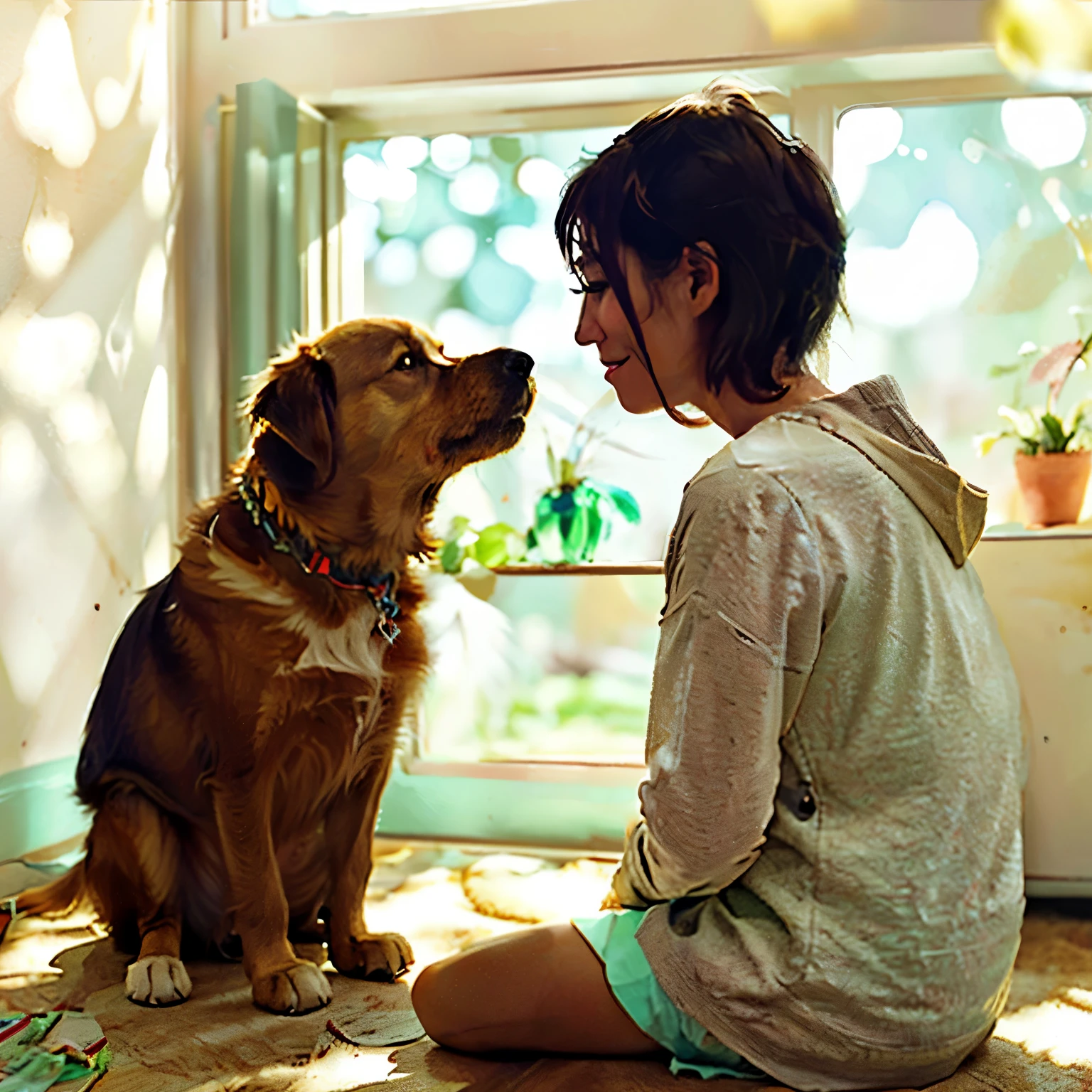 A person with the extraordinary ability to read a dog's thoughts stands before a faithful canine companion. The sun filters through the window, casting a warm and gentle glow upon the scene. The dog, with its bright and trusting eyes, gazes up at the person, its tail wagging in anticipation. The person, with a look of deep concentration, tilts their head as they listen to the dog's inner voice. The bond between them is strong, as they share a unique connection that goes beyond words. This heartwarming moment of understanding is captured in exquisite detail, with every emotion and expression rendered in stunning clarity. The background is simple yet effective, allowing the focus to remain on the incredible bond