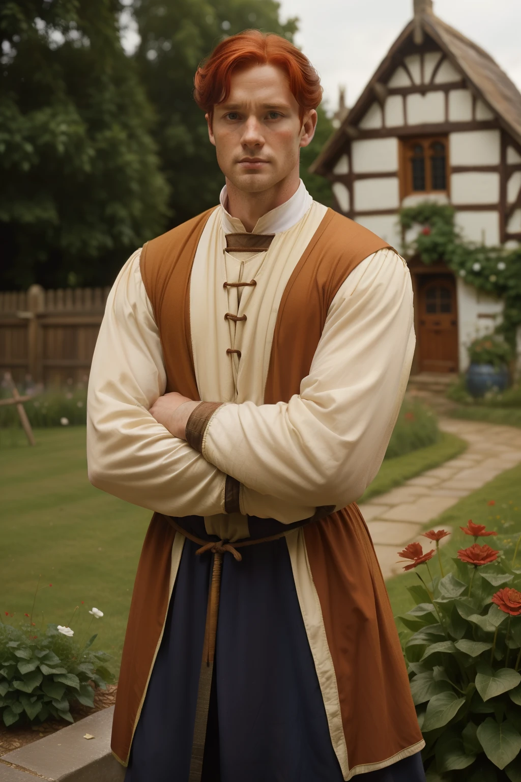 England, 1349. A young ((((33-year-old)) Merthin Fitzgerald)), handsome, athletic, in his home garden, (((resentment expression))). ((((clothings from the 1340s)))), ((redhead hairstyle of the 1340s))