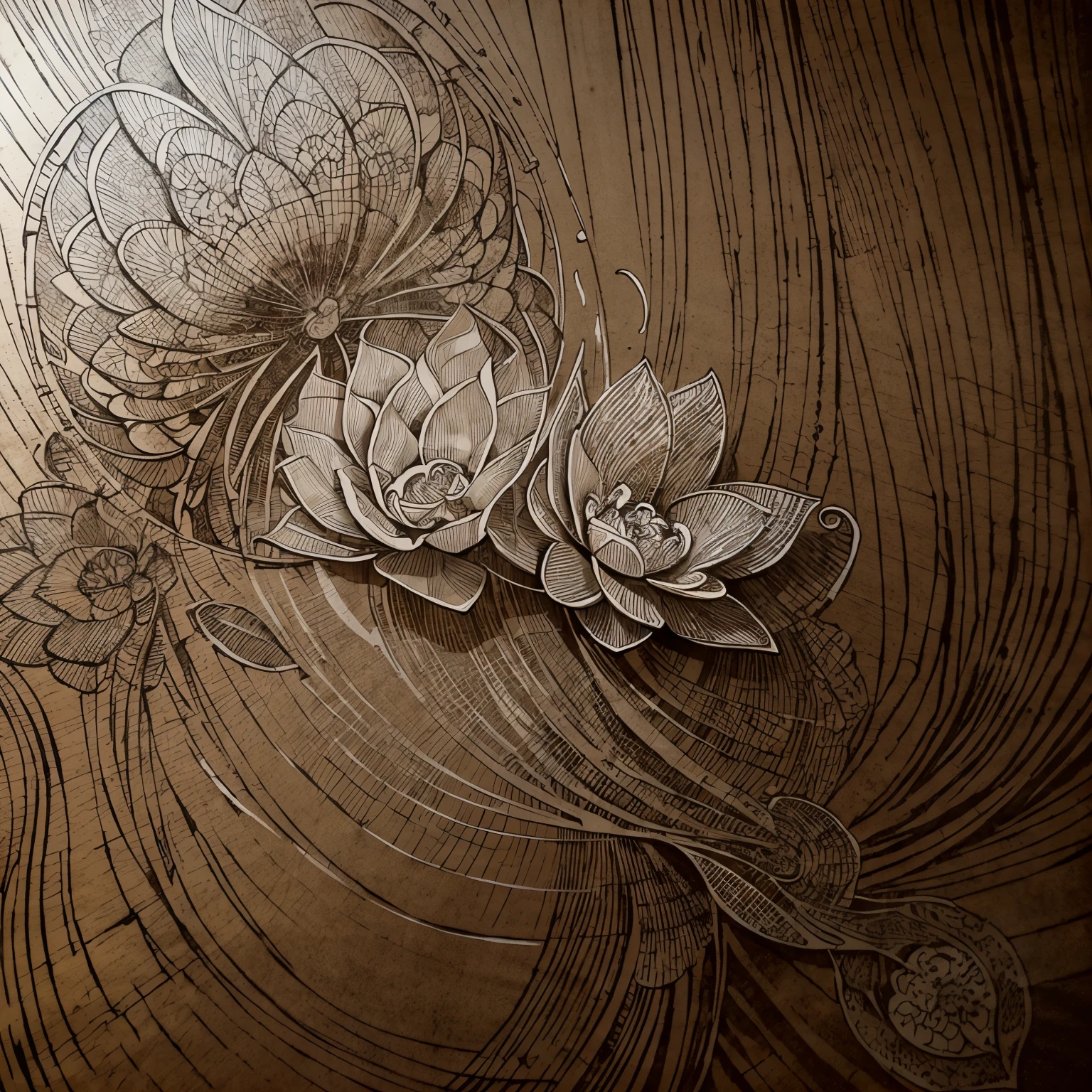 ink drawing :: closeup a whimsical and intricate floating lotus_flowers with ripple emerged from a parchment paper, black and sepia tone :: (dynamic lines:1.4), (ink shading:1.2), overhead angle :: trending composition, contemporary, masterpiece :: Art by Yuko Shimizu, Josephine Wall, Ismail Incelogu, Bo Chen