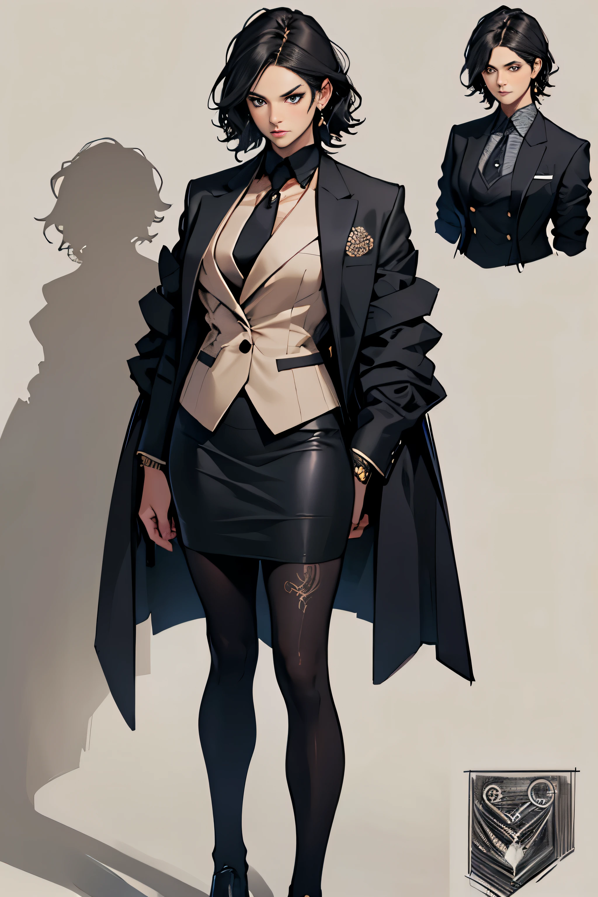 1 girl, wavy hair, black hair, short hair, ager, snooty, top, elegant skirt, (((three-piece suit))), tie, blazer, suit jacket, vest, double-breasted vest, skirt tight, pencil skirt, elegant jacket and skirt, black clothing, light background, full body, teen, tribal tattoo, white and red details, sketchbook, hand drawn hand, symbols, dark, bold, realistic sketch, sketch, mix of dark lines and loose lines, bold lines, on paper, turn on character sheet, human woman, gray eyes, full body, elegant imposing pose, lots of details, elegant suit, symbols, runes, dark theme, shirt black, beautiful, pretty, modest
