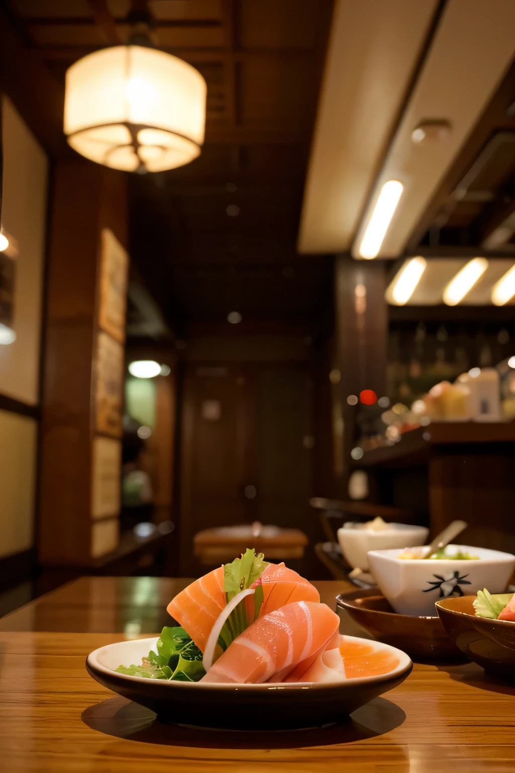 For a realistic style image of just a sashimi dish, soy sauce and wasabi, blurry restaurant background