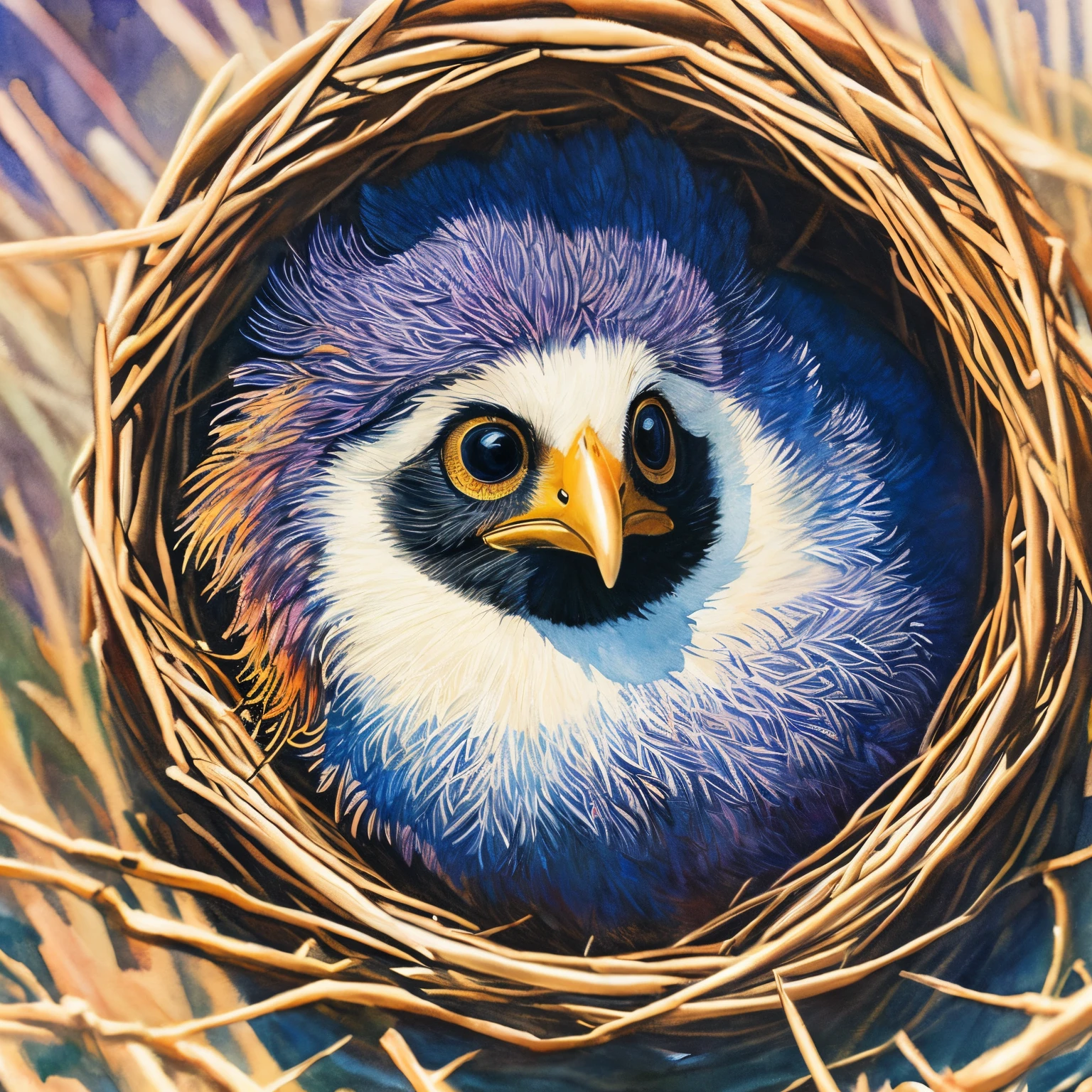 watercolor :: close-up cute chick emerging from the nest to greet the sunrise, big eyes, plumage like furry, fluffy, spring, reflective :: wistful, moody, fantastic, fashionable composition :: Art by Paul Signac, Dan Mumford, Anato Finnstark, Bo Chen