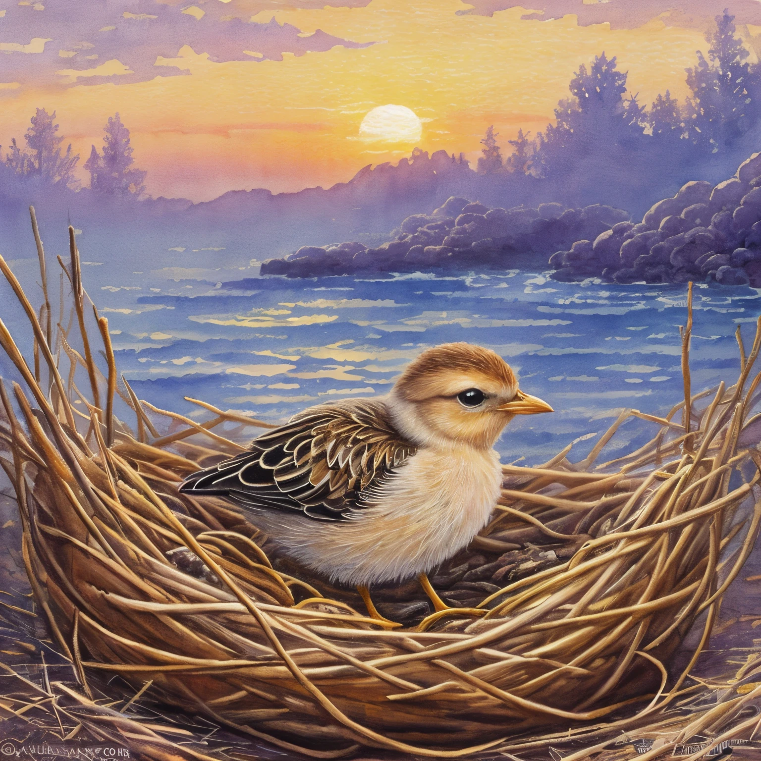 watercolor :: close-up cute chick emerging from the nest to greet the sunrise, big eyes, plumage like furry, fluffy, spring, reflective :: wistful, moody, fantastic, fashionable composition :: Art by Paul Signac, Dan Mumford, Anato Finnstark, Bo Chen