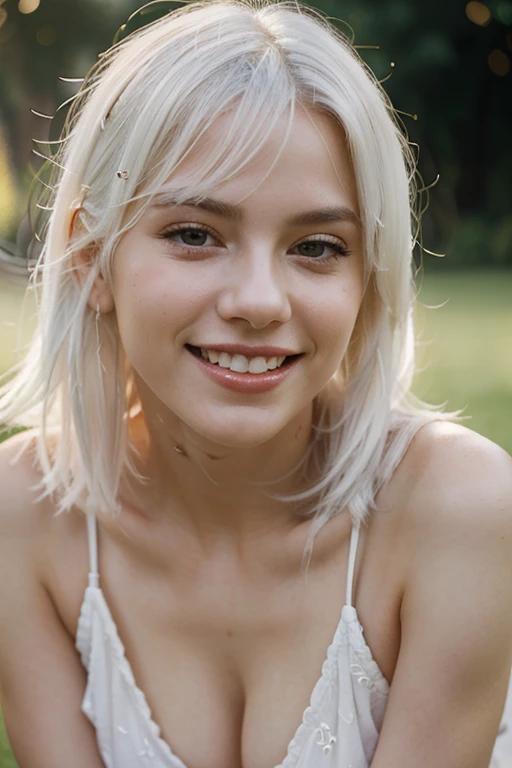 beautiful young woman, white hair, full-body, Close-up photo portrait of young sexy girl laughing, sensual, erotic, denture skin, dynamic lighting, Bokeh, soft focus, outdoors, depth of field