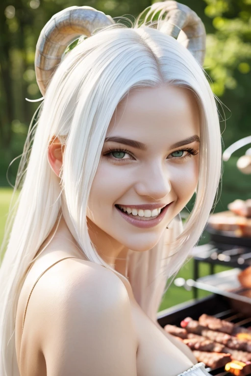 beautiful young woman, white hair, Capricorn Horns, having a barbecue, Close-up photo portrait of young sexy girl laughing, sensual, erotic, denture skin, dynamic lighting, Bokeh, soft focus, outdoors, depth of field