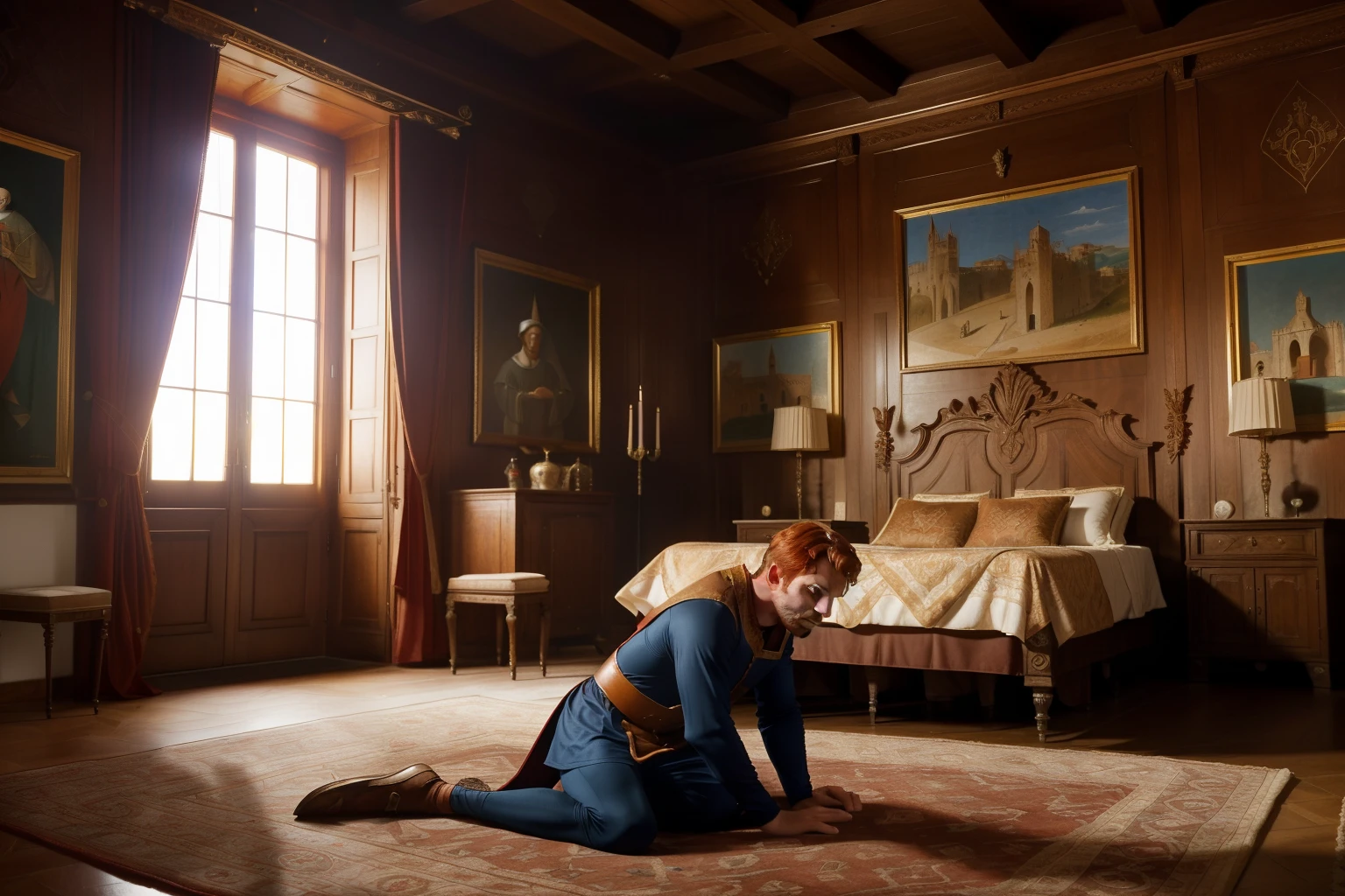 Italy, 1348. ((Wide shot)), ((((32-year-old)) Merthin Fitzgerald)), handsome, athletic, sitting, in his italian mansion, luminous luxurious bedroom, ((grief expression)). ((((clothings from the 1340s)))), ((redhead hairstyle of the 1340s))
