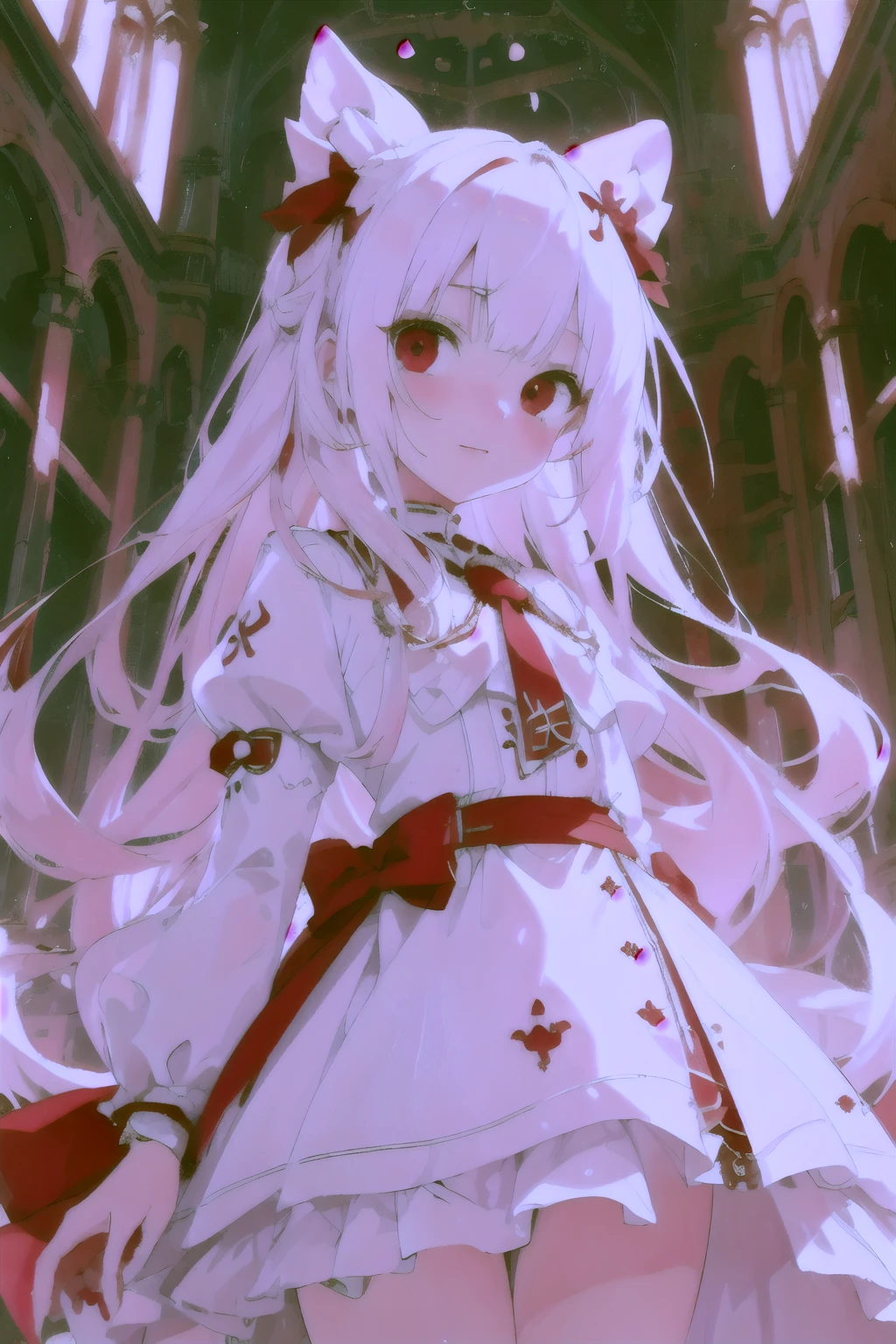 beautiful illustrations, highest quality, cute  girl, (conversion sequence), transformation magical girl, Chibi, white magical girl, fractal art, albino, baby face, pure white and red long mesh hair, beautiful detailed red eyes, cinematic lighting, cowboy shot, looking at the viewer, from below, Happy