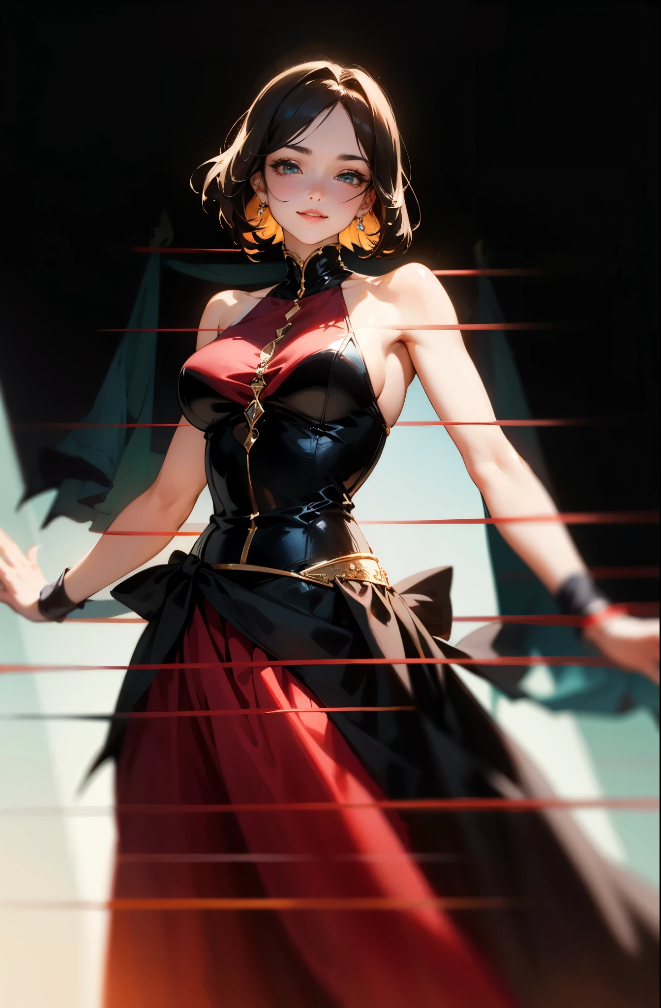 A beautiful woman with medium-length chestnut-black hair, Latin American heritage, a flawless oval face, passionate gaze, sweet smile, tall and graceful dancer's figure, a fantasy-realism style flamenco-inspired dress, flowing skirt, alternating red and black textures, red as the main color, complemented by black accents, she gracefully performs her dance moves on the stage of a fantasy-style Western tavern, this character embodies a finely crafted fantasy-realism style Flamenco dancer in anime style, exquisite and mature manga art style, perfect body, perfect nose, perfect mouth, perfect eyes, perfect smille, goddess, feminine, high definition, best quality, highres, ultra-detailed, ultra-fine painting, extremely delicate, professional, anatomically correct, symmetrical face, extremely detailed eyes and face, high quality eyes, creativity, RAW photo, UHD, 32k, Natural light, cinematic lighting, masterpiece-anatomy-perfect, masterpiece:1.5