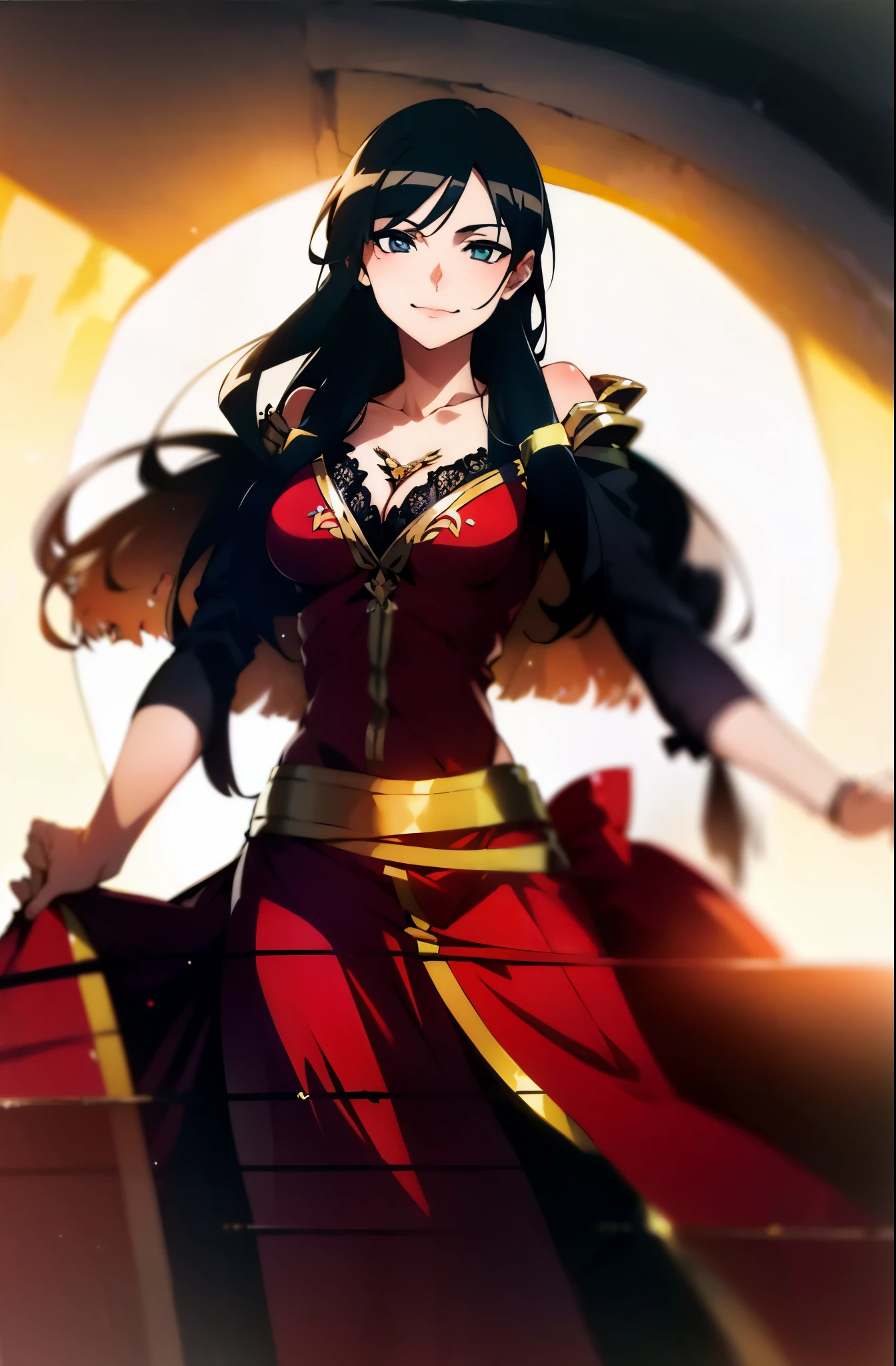 A beautiful woman with medium-length chestnut-black hair, Latin American heritage, a flawless oval face, passionate gaze, sweet smile, tall and graceful dancer's figure, a fantasy-realism style flamenco-inspired dress, flowing skirt, alternating red and black textures, red as the main color, complemented by black accents, she gracefully performs her dance moves on the stage of a fantasy-style Western tavern, this character embodies a finely crafted fantasy-realism style Flamenco dancer in anime style, exquisite and mature manga art style, perfect body, perfect nose, perfect mouth, perfect eyes, perfect smille, goddess, feminine, high definition, best quality, highres, ultra-detailed, ultra-fine painting, extremely delicate, professional, anatomically correct, symmetrical face, extremely detailed eyes and face, high quality eyes, creativity, RAW photo, UHD, 32k, Natural light, cinematic lighting, masterpiece-anatomy-perfect, masterpiece:1.5