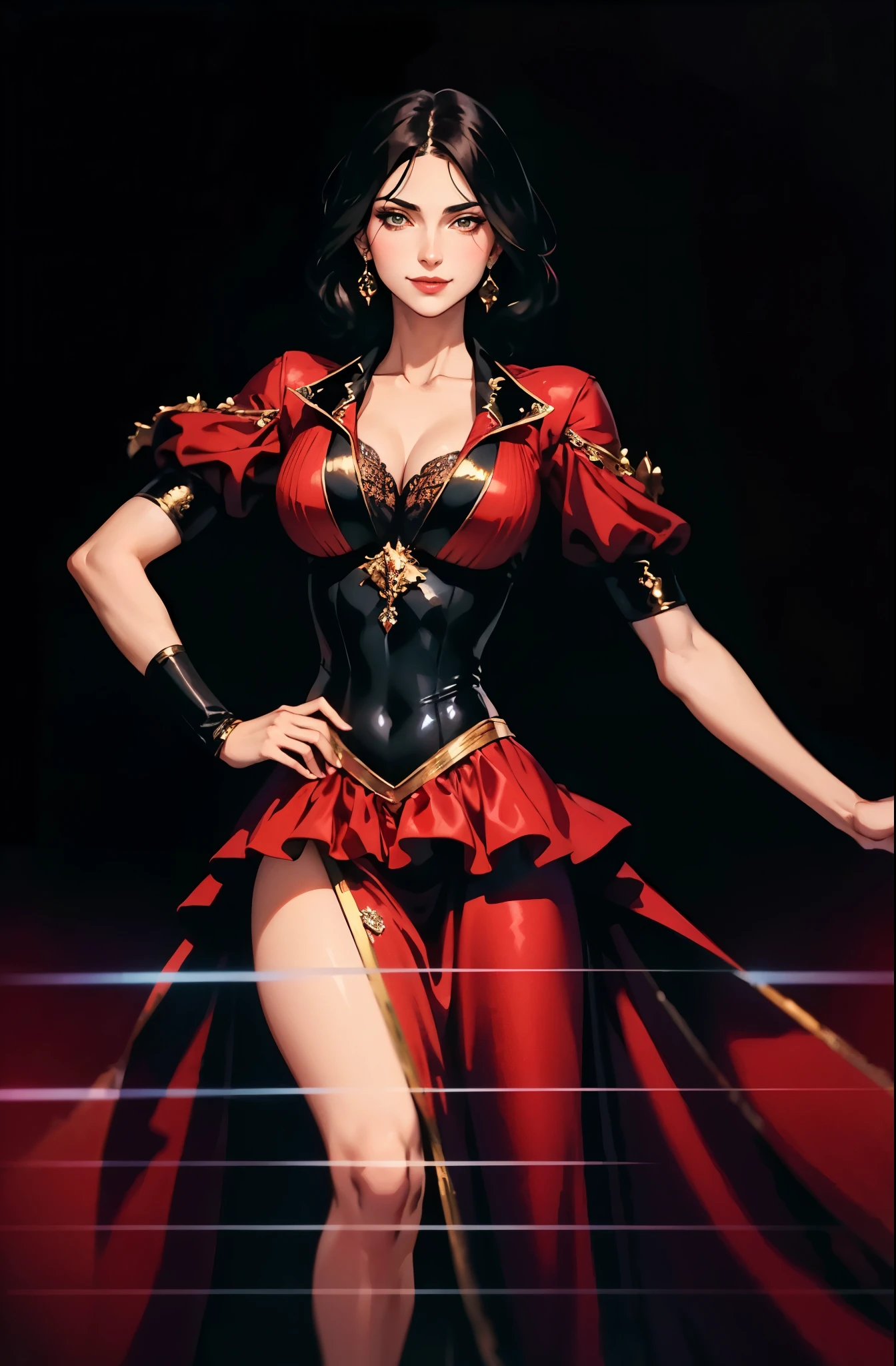 A beautiful woman with medium-length chestnut-black hair, Latin American heritage, a flawless oval face, passionate gaze, sweet smile, tall and graceful dancer's figure, a fantasy-realism style flamenco-inspired dress, flowing skirt, alternating red and black textures, red as the main color, complemented by black accents, she gracefully performs her dance moves on the stage of a fantasy-style Western tavern, this character embodies a finely crafted fantasy-realism style Flamenco dancer in anime style, exquisite and mature manga art style, perfect body, perfect nose, perfect mouth, perfect eyes, perfect smille, goddess, feminine, high definition, best quality, highres, ultra-detailed, ultra-fine painting, extremely delicate, professional, anatomically correct, symmetrical face, extremely detailed eyes and face, high quality eyes, creativity, RAW photo, UHD, 32k, Natural light, cinematic lighting, masterpiece-anatomy-perfect, masterpiece:1.5