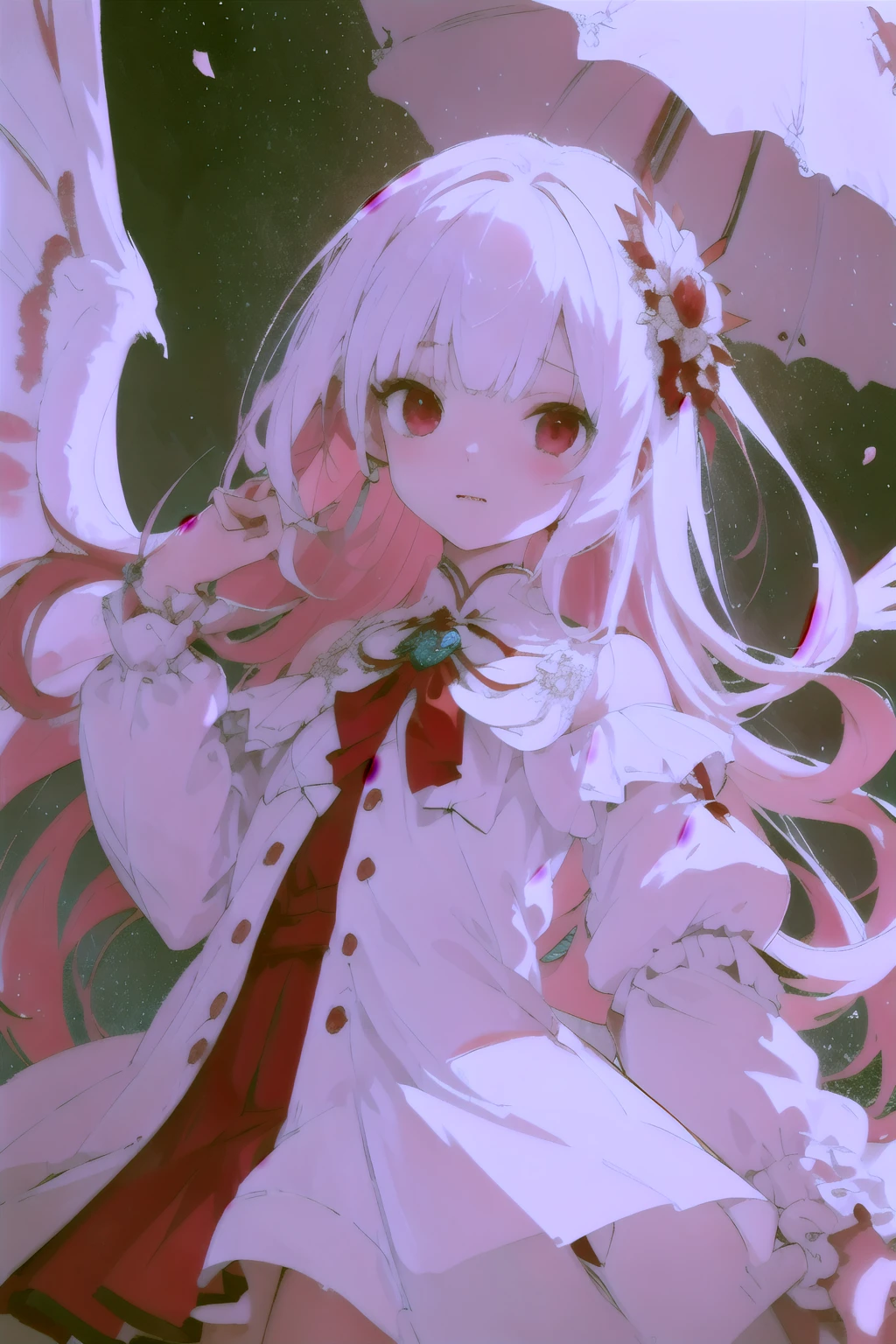 beautiful illustrations, highest quality, cute girl, (conversion sequence), transformation magical girl, Chibi, white magical girl, fractal art, albino, baby face, pure white and red long mesh hair, beautiful detailed red eyes, cinematic lighting, cowboy shot, looking at the viewer, from below, Happy