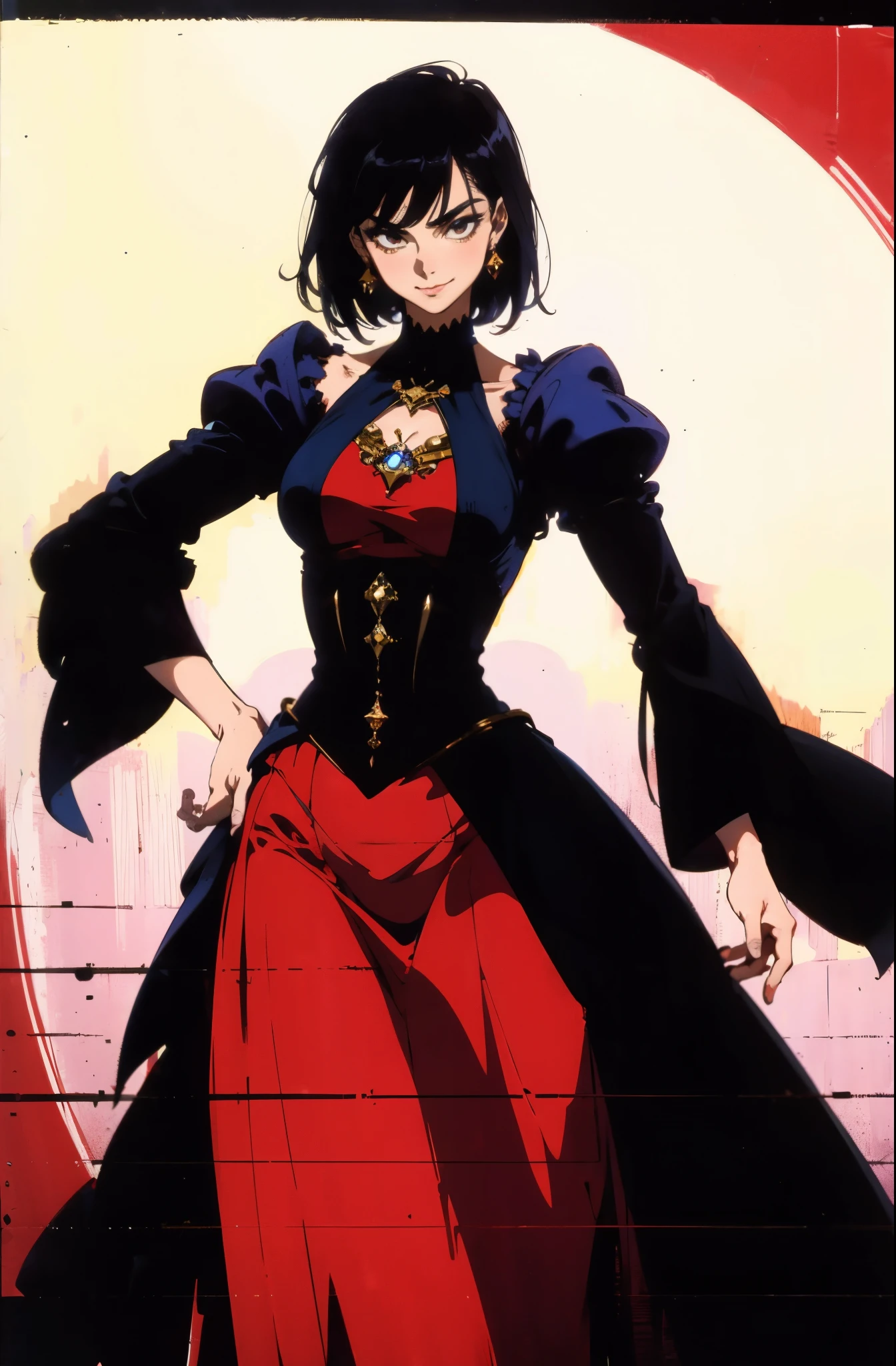 A beautiful woman with medium-length chestnut-black hair, Latin American heritage, a flawless oval face, passionate gaze, sweet smile, tall and graceful dancer's figure, a fantasy-realism style flamenco-inspired dress, flowing skirt, alternating red and black textures, red as the main color, complemented by black accents, she gracefully performs her dance moves on the stage of a fantasy-style Western tavern, this character embodies a finely crafted fantasy-realism style Flamenco dancer in anime style, exquisite and mature manga art style, perfect body, perfect nose, perfect mouth, perfect eyes, perfect smille, goddess, feminine, high definition, best quality, highres, ultra-detailed, ultra-fine painting, extremely delicate, professional, anatomically correct, symmetrical face, extremely detailed eyes and face, high quality eyes, creativity, RAW photo, UHD, 32k, Natural light, cinematic lighting, masterpiece-anatomy-perfect, masterpiece:1.5