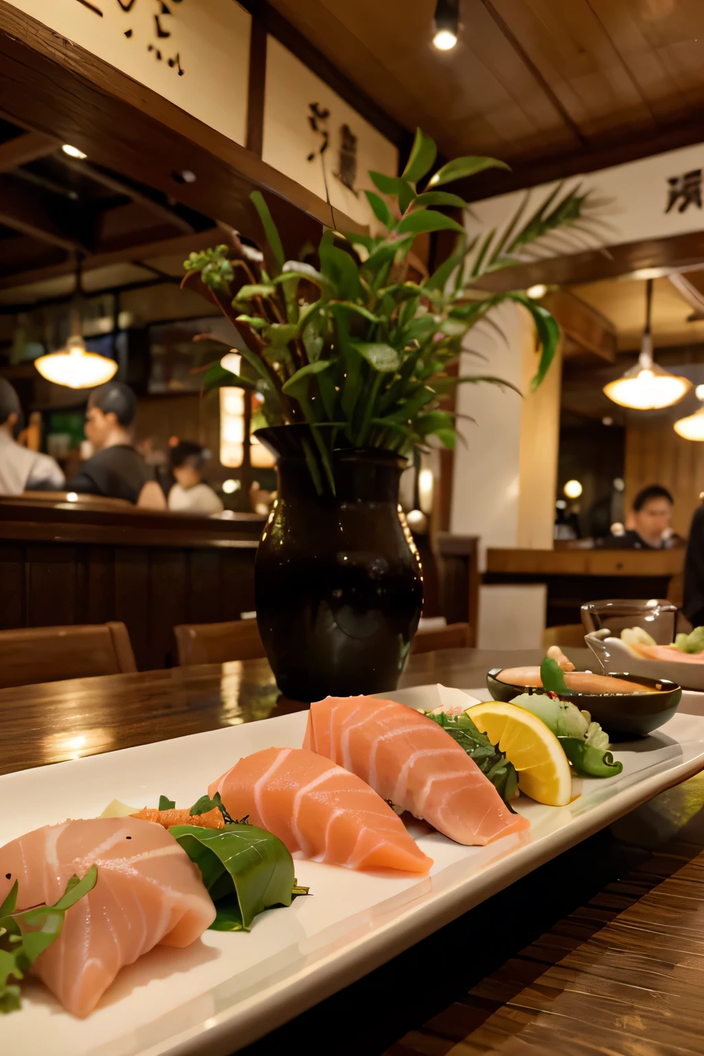 For a realistic style image of just a sashimi dish, soy sauce and wasabi, blurry restaurant background