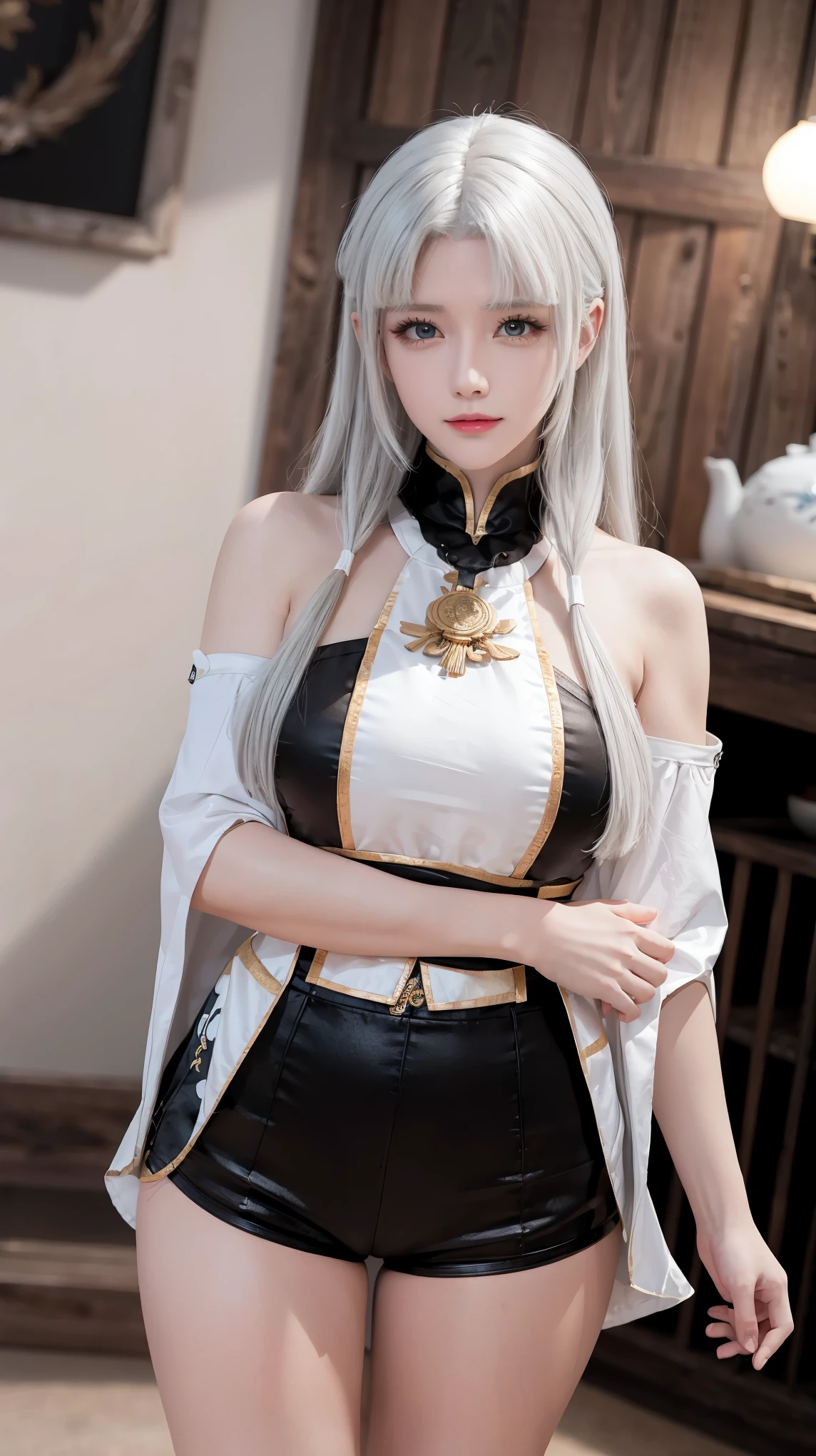 Walnut,vampire,assassin,charming,Mature,Sexy,thin,Qi bangs,long hair,天線Bangs,double tail,高double tail,Bangs cover one eye,frightened,angry,Smile,blush,red nose,drunk,eyes straight,exquisite eyes,red lips,perfect face,Cross your arms across your chest,暗Black皮肤,dynamic poses,fighting stance,near,school swimsuit,damaged clothing,Cloak,leather skirt,Black,,Spandex gloss,Laser reflective material,Detail background,气泡angry,bubble blush,heart-shaped,notes,Q version,official art,lifelike,movie angle,Dynamic angle,Horizontal viewing angle,depth of field,movie lighting,colorful,PBR rendering+UE pull,32k,High resolution,high quality,beautiful wallpaper,a white hair、Close-up of woman wearing white mask, beautiful figure painting, guweiz, Gurwitz style artwork, White-haired God, author：Yang Jie, Epic and beautiful character art, Stunning character art, author：FAN Qi, by Wuzhun Shifan, pixiv art station street guweiz, single ponytail, insult, high ponytail, tall figure, long legs, (sleeveless lace shirt), (shorts), (striped )), ((striped )), Walk, elegant, dignified, feminine, beautiful curves, sweet smile, Strong sense of detail and layering, colorful, Has a unique texture, rich and colorful, Color harmony, vivid, design art, 16K, super detailed, {{illustration}}, {extremely delicate and beautiful}, {Exquisite surface treatment}, super detailed, Exquisite glowing eyes, {{movie lighting}}, Extreme light effects, Model: realism, CFG size: 12, Laura: Bright texture (1.35), high quality, masterpiece, Exquisite facial features, Delicate hair depiction, Detailed depiction of eyes, masterpiece, best quality, Ray tracing, Extremely detailed CG unified 8K wallpaper, masterpiece, best quality, (1 girl), perfect female figure, (((White tight T-shirt))), beautiful eyes, (delicate face), Black短发, hair tied up, Light blue hairpins, (White skin), (best lighting), (Super intricate details), 4K unified, (super detailed CG), Showing white legs, , hot pants, shorts,best quality, High resolution, Unique image, 1 girl，armpit, Put your arms behind your head, Bangs, bare shoulders, blue footwear, blue hair, blue leggings, braid, Chest, 棕色lift your legs, shut your mouth, bench, Cover belly button, curtain, Split collar, earrings, Eyebrow suspenders visible through hair, gradient hair, green eyes, High heel, light blush, looking at the audience, messy hair, rich and colorful hair, on bench, sitting, alone, ,lift your legs,大long legs，Black