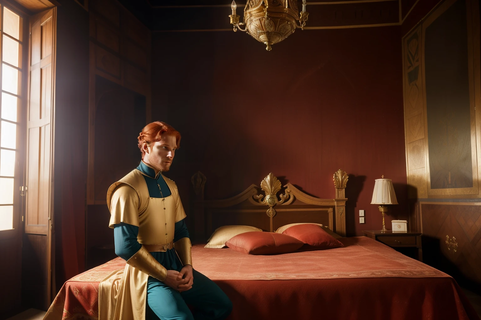Italy, 1348. ((Wide shot)), ((((32-year-old)) Merthin Fitzgerald)), handsome, athletic, sitting, in his italian mansion, luminous luxurious bedroom, ((grief expression)). ((((clothings from the 1340s)))), ((redhead hairstyle of the 1340s))