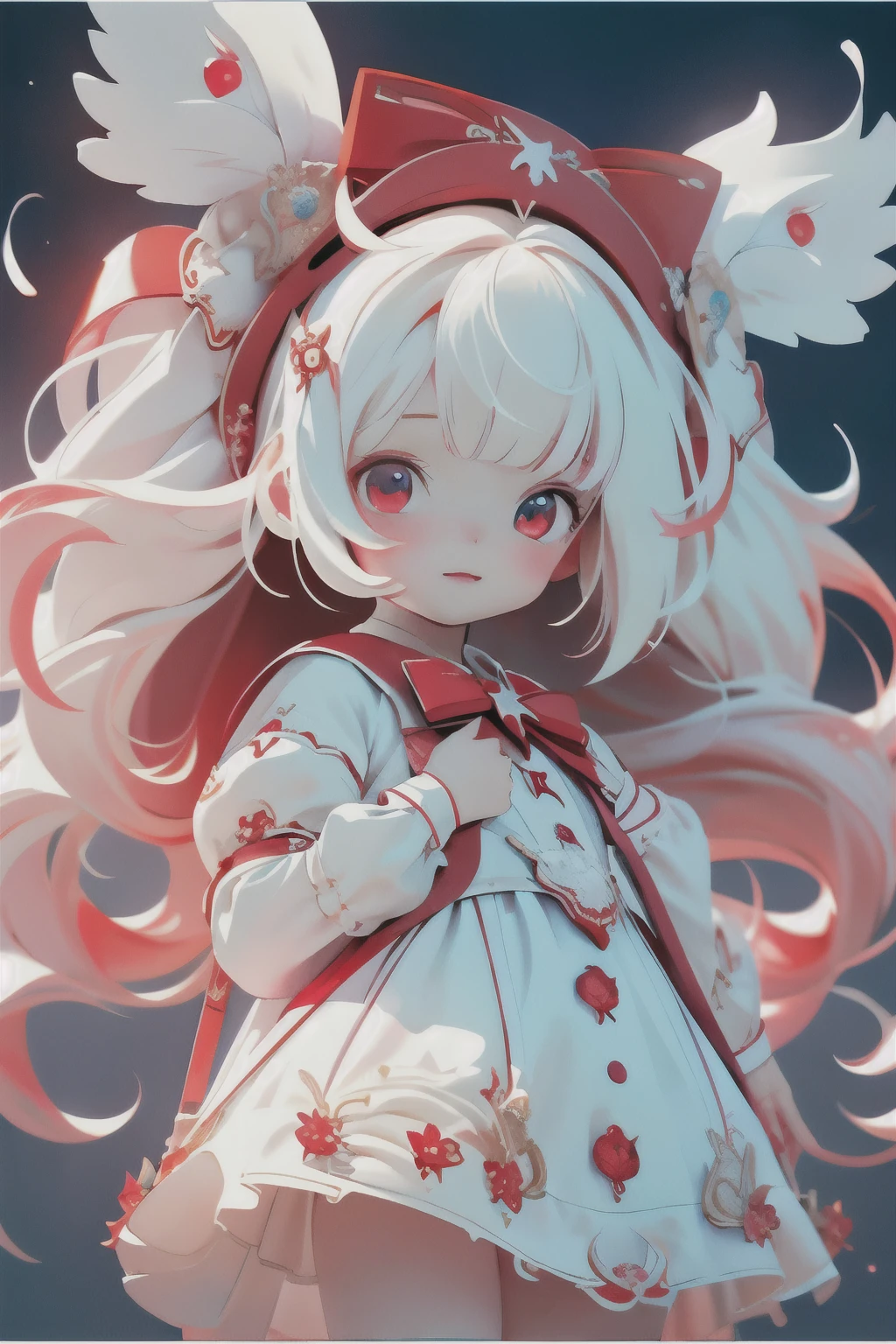 beautiful illustrations, highest quality, cute girl, (conversion sequence), transformation magical girl, Chibi, white magical girl, fractal art, albino, , pure white and red long mesh hair, beautiful detailed red eyes, cinematic lighting, cowboy shot, looking at the viewer, from below, Happy