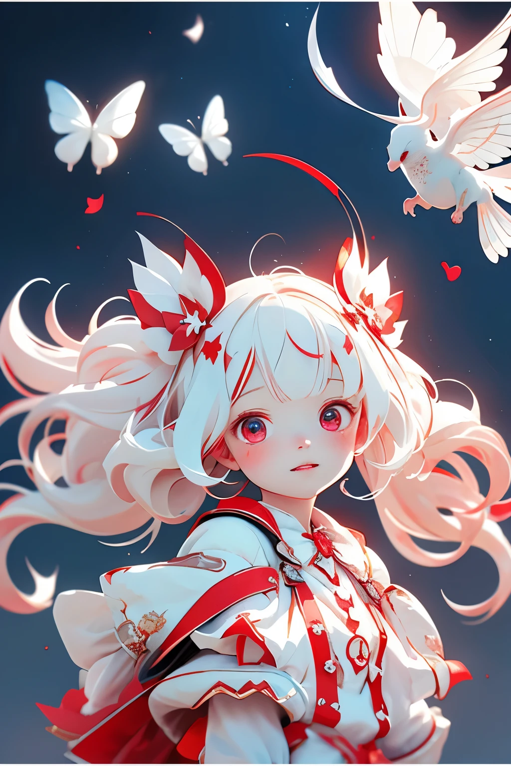 beautiful illustrations, highest quality, cute  girl, (conversion sequence), transformation magical girl, Chibi, white magical girl, fractal art, albino, , pure white and red long mesh hair, beautiful detailed red eyes, cinematic lighting, cowboy shot, looking at the viewer, from below, Happy