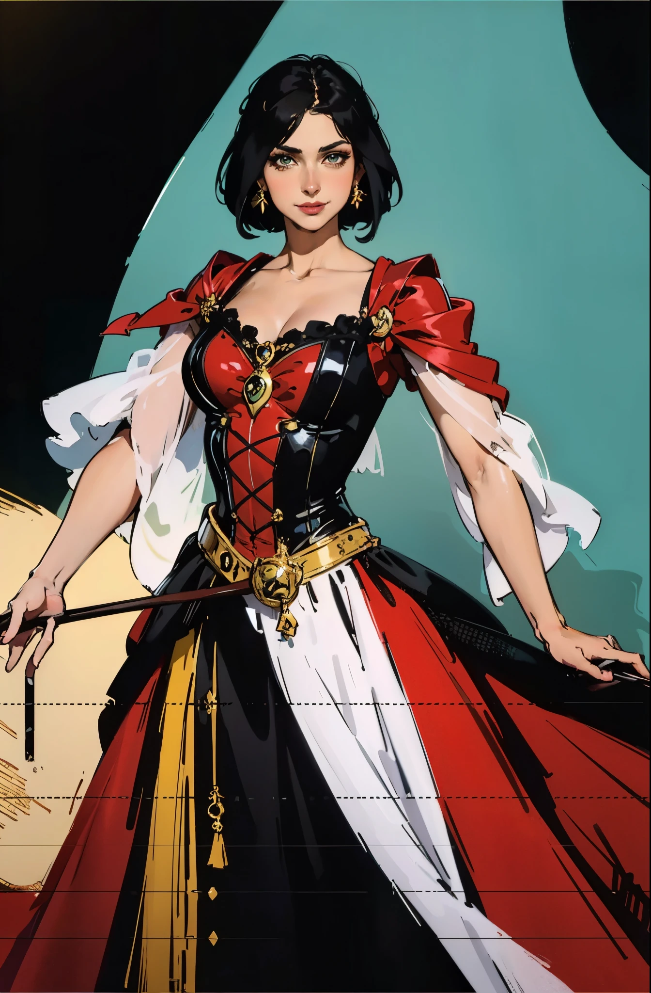 A beautiful woman with medium-length chestnut-black hair, Latin American heritage, a flawless oval face, passionate gaze, sweet smile, tall and graceful dancer's figure, a fantasy-realism style flamenco-inspired dress, flowing skirt, alternating red and black textures, red as the main color, complemented by black accents, she gracefully performs her dance moves on the stage of a fantasy-style Western tavern, this character embodies a finely crafted fantasy-realism style Flamenco dancer in anime style, exquisite and mature manga art style, perfect body, perfect nose, perfect mouth, perfect eyes, perfect smille, goddess, feminine, (Morena Baccarin:1.2), high definition, best quality, highres, ultra-detailed, ultra-fine painting, extremely delicate, professional, anatomically correct, symmetrical face, extremely detailed eyes and face, high quality eyes, creativity, RAW photo, UHD, 32k, Natural light, cinematic lighting, masterpiece-anatomy-perfect, masterpiece:1.5