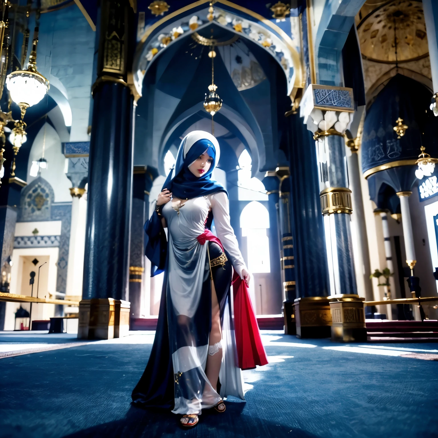 long hijab, (((inside mosque))), perfect face, blue eyes, juicy lips, red lips, thigh high, long skirt