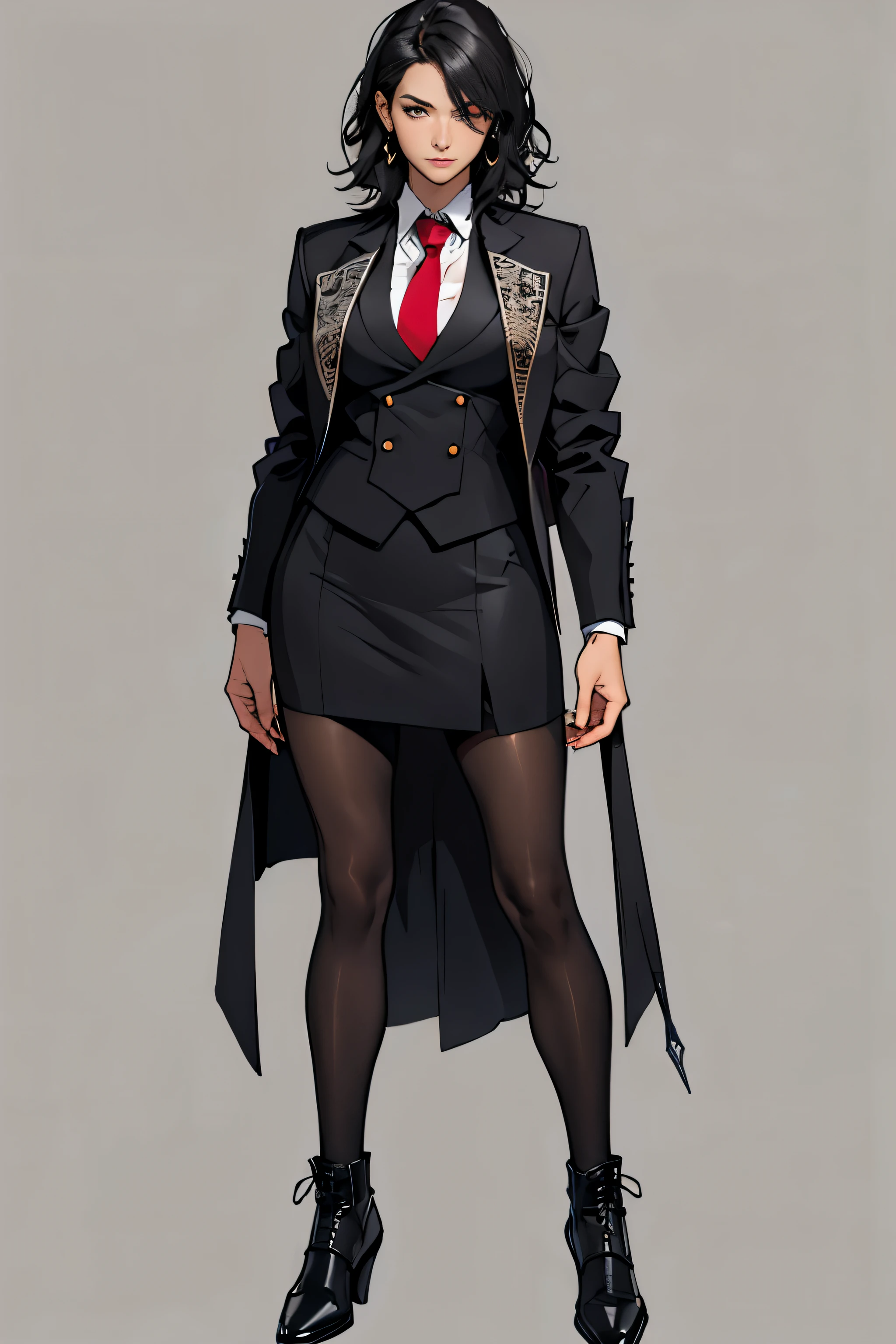 1 girl, wavy hair, black hair, short hair, ager, snooty, top, elegant skirt, (((three-piece suit))), tie, blazer, suit jacket, vest, double-breasted vest, skirt tight, pencil skirt, elegant jacket and skirt, black clothing, light background, full body, teen, tribal tattoo, white and red details, sketchbook, hand drawn hand, symbols, dark, bold, realistic sketch, sketch, mix of dark lines and loose lines, bold lines, on paper, turn on character sheet, human woman, gray eyes, full body, elegant imposing pose, lots of details, elegant suit, symbols, runes, dark theme, shirt black, beautiful, pretty, modest