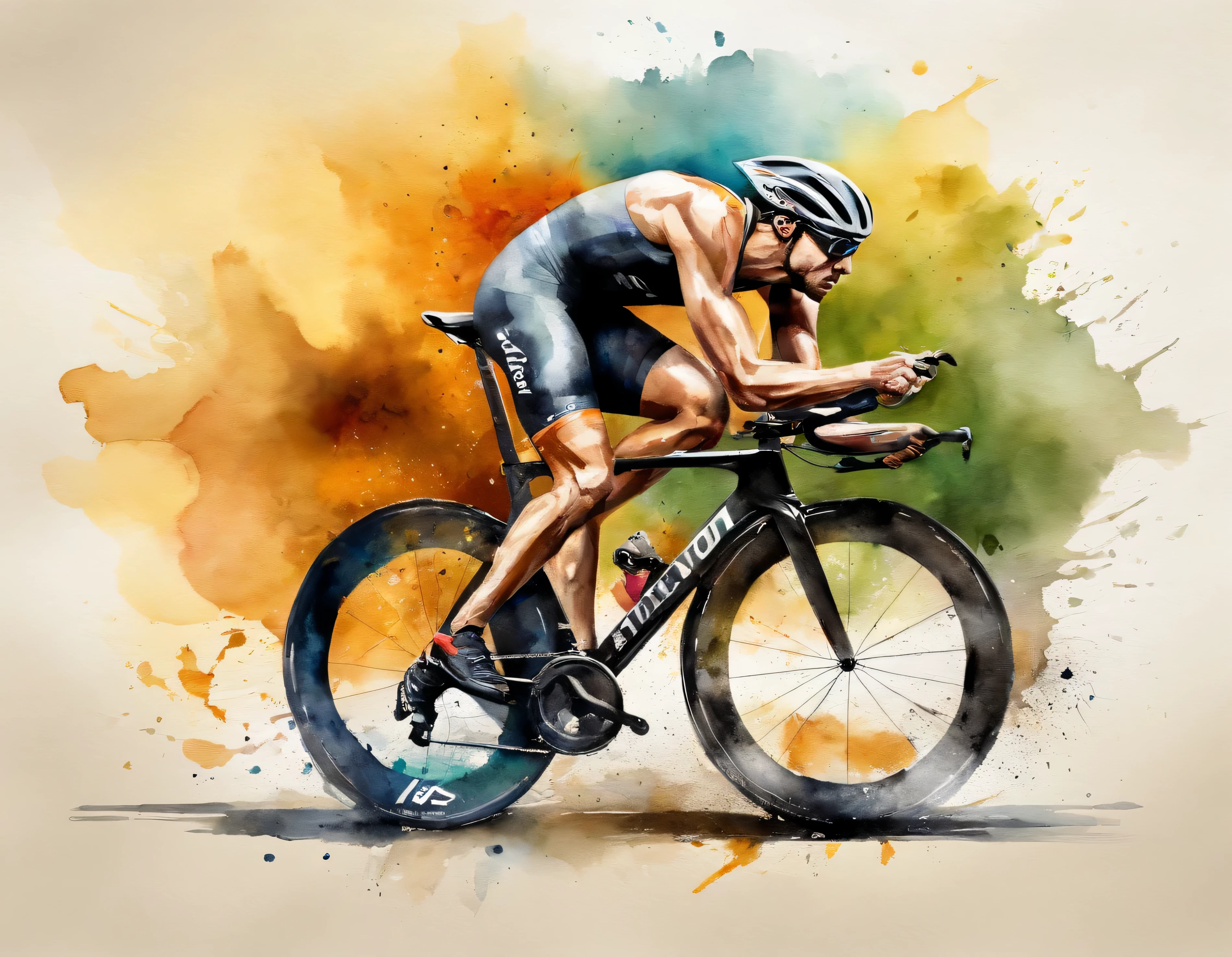 logo para ciclismo de triathlon, velocista, montanha no fundo, lobo feroz na frente, metalico, dourado e preto,