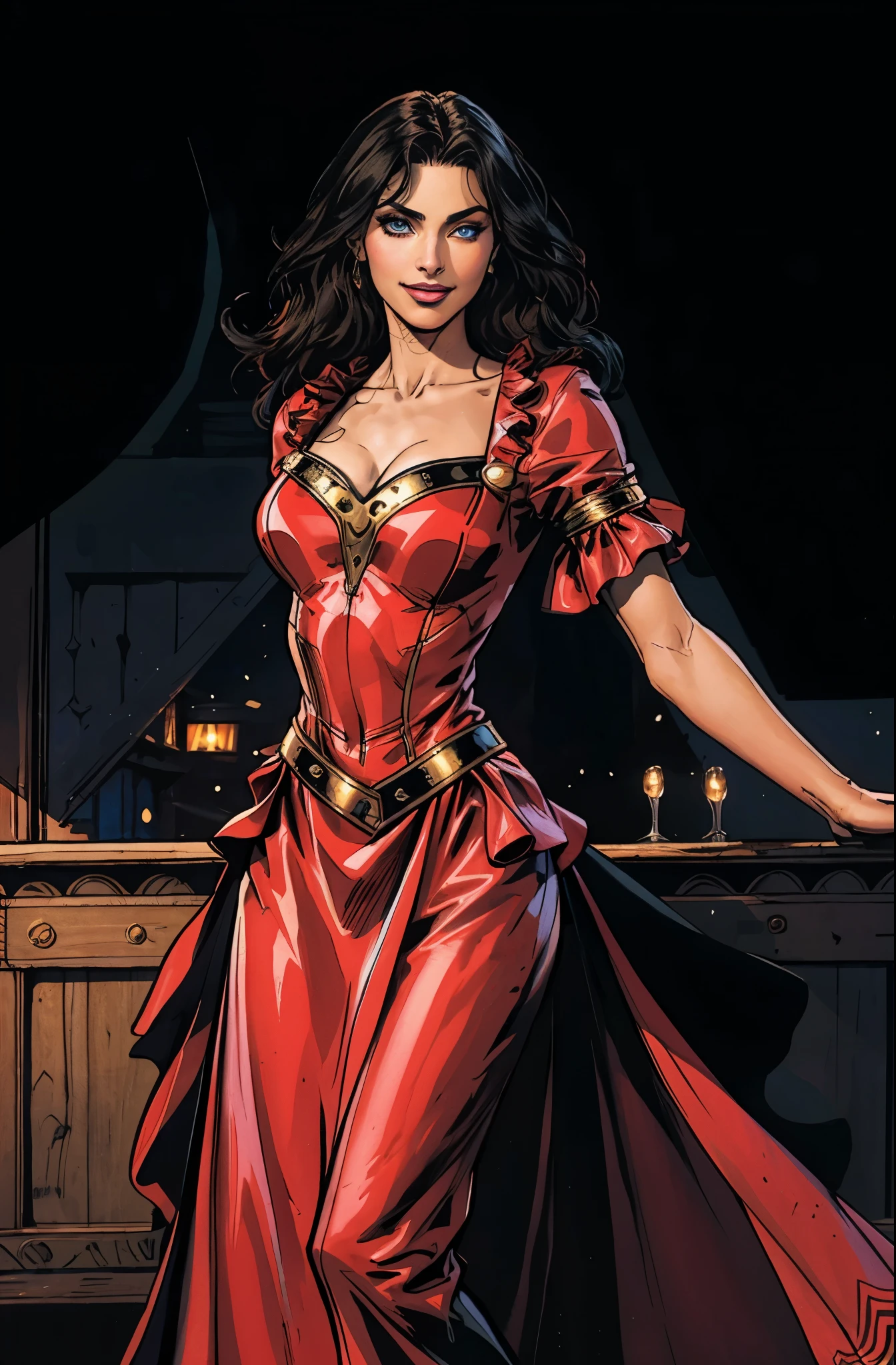 Gorgeous and sultry busty athletic (thin) brunette with sharp facial features and (huge boobs) wearing a red dress, corset, gold trim, sorceress attire