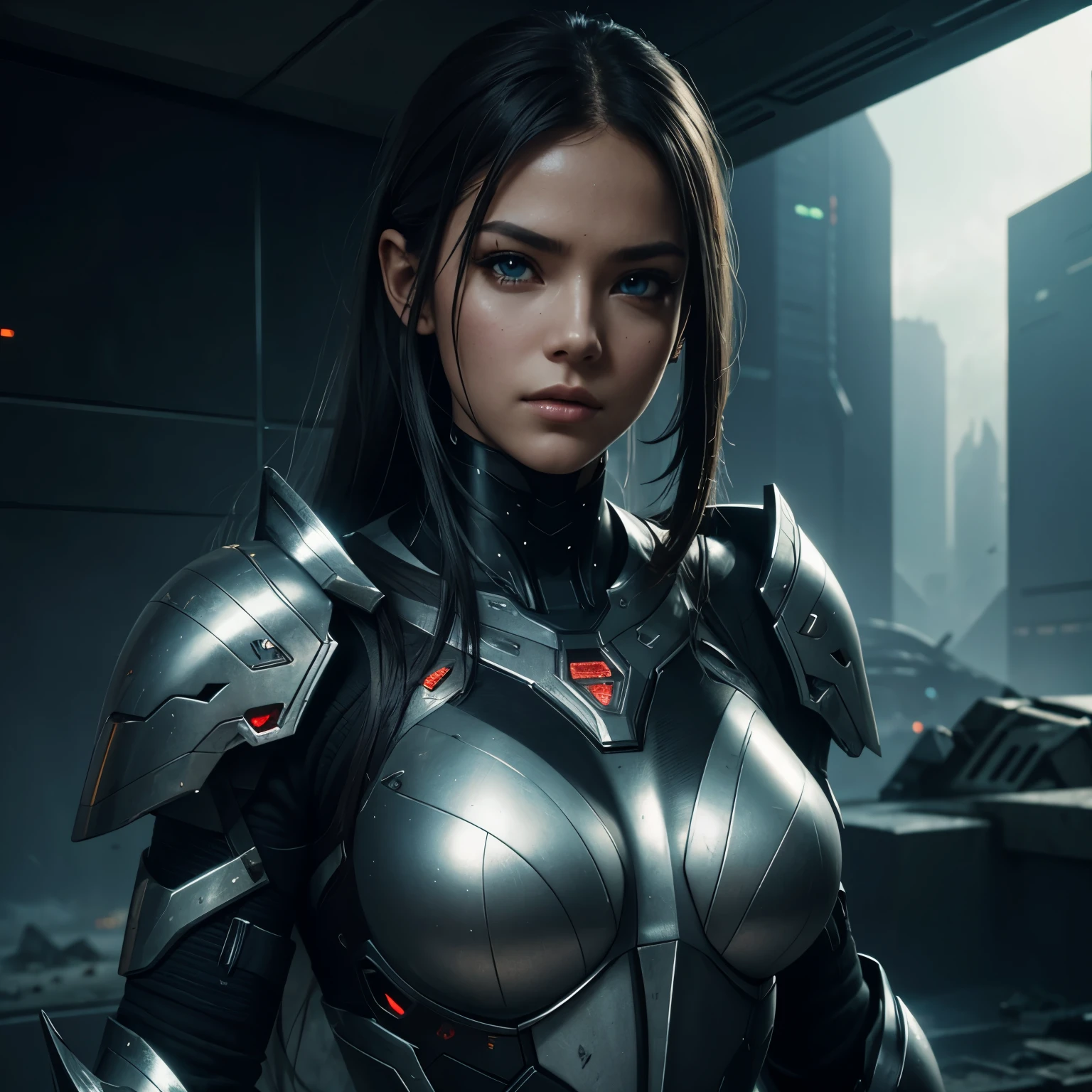 medium shot photo of sexy female cyborg wearing scratched and tarnished futuristic armor in a destroyed futuristic city, fantasy, sci-fi, beautiful feminine face, seductive, sexual, mist, vivid alluring eyes, dramatic, best quality masterpiece, photorealistic, detailed, 8k, HDR, shallow depth of field, cinematic lighting, bloom, light sparkles, chromatic aberration, sharp focus