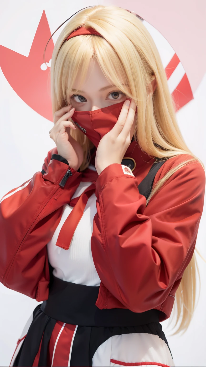 arafed image of a woman in a red jacket covering her face, style like fate/stay night, zero two, blonde girl with long hair, gapmoe yandere, shikamimi, flat style shading, & her expression is solemn, moe artstyle, blushing expression, cute expression