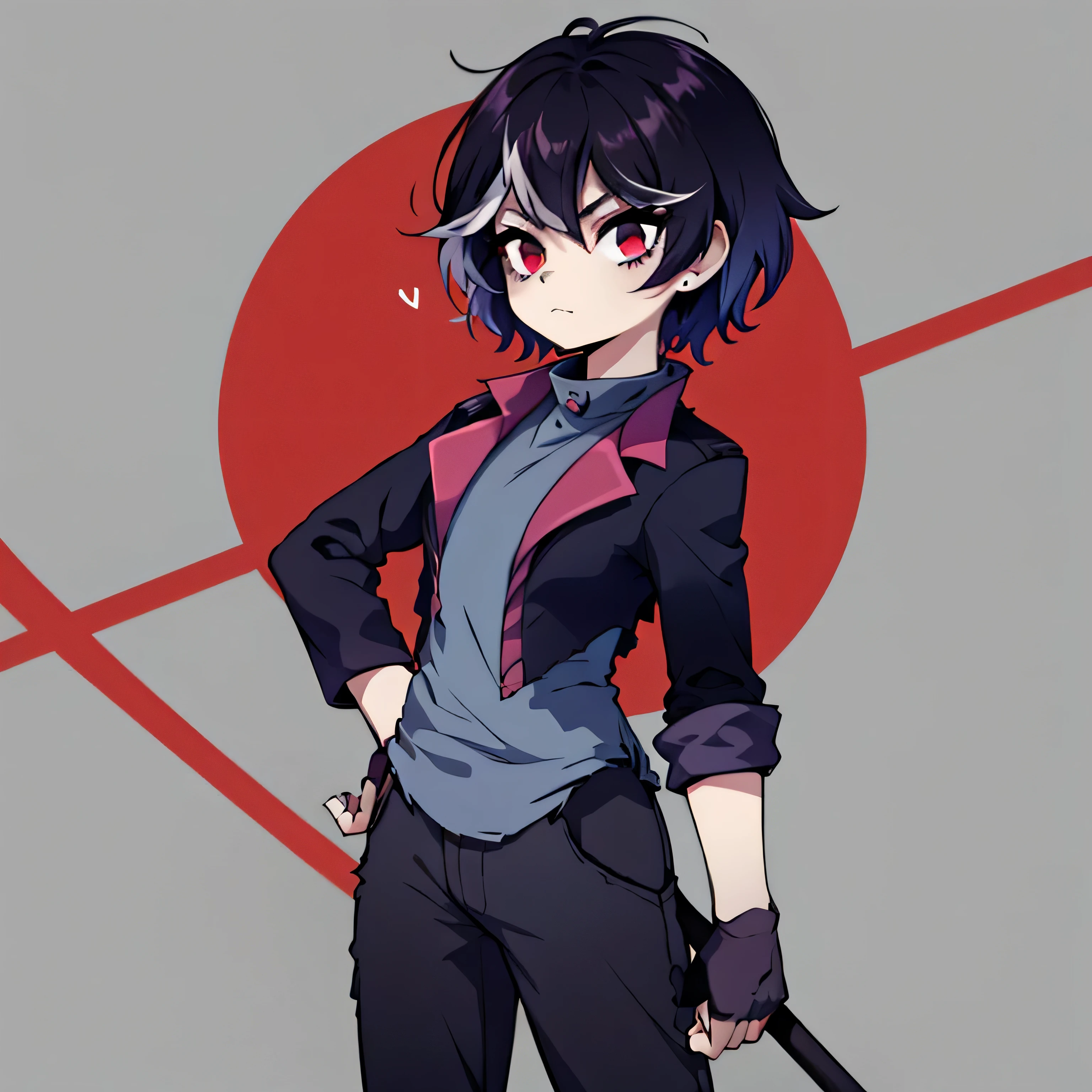 A femenine boy, black hair with red details