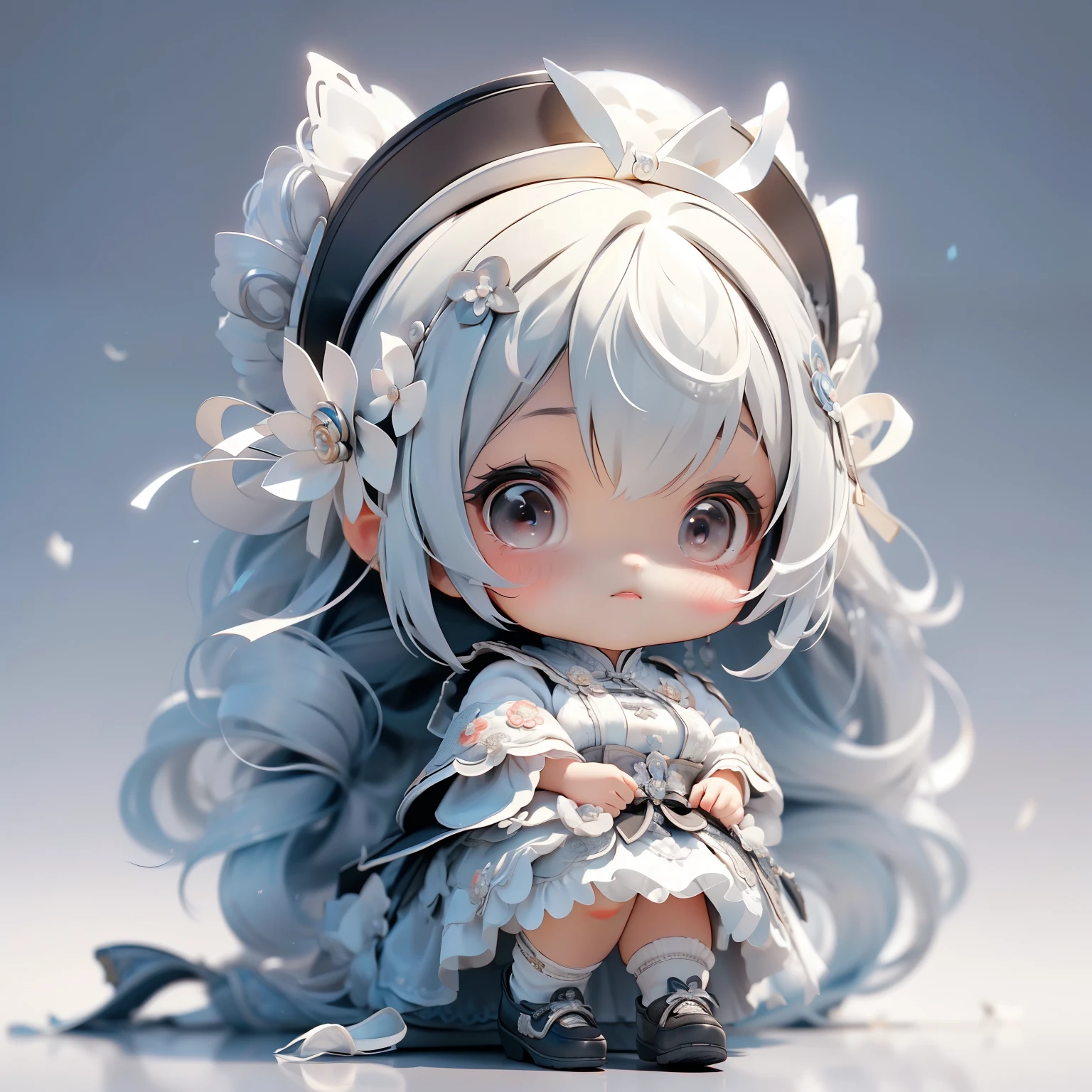 (best image quality)、(super detailed)、(facing the front)、highest quality、masterpiece、(((1 girl)))、、with a girl、silver hair、gray hair、((long hair))、Braid、gray eyes、(White and black cheongsam)、((chinese clothing aid clothing、frill hair ornament、lots of frills、lots of ribbons、white ribbon、she has a cute expressive face、Fluffy and spreading hair