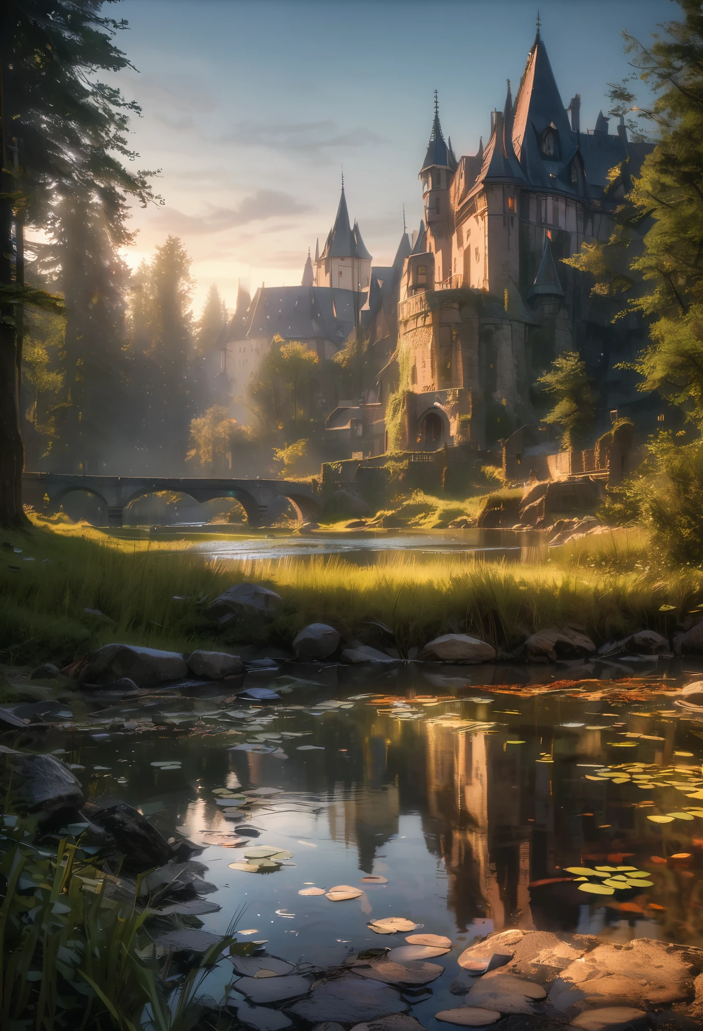 Realistic paint, dark fantasy style, royal pond, pond near castle, evening pond, villain's castle, anti-hero's castle, dark walls, wild pound, dark atmosphere, hdr, raw photo, 8k, detailed