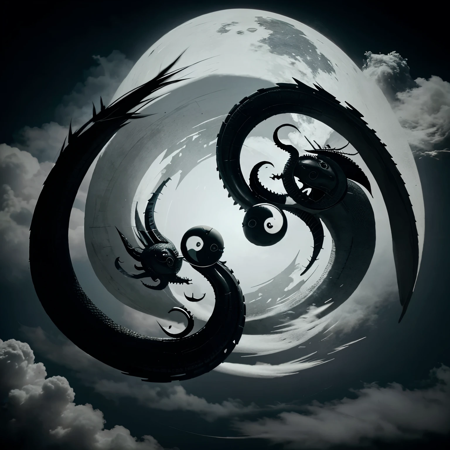 Two dragons flying the ying yang symbol with smoke in the background without being colored