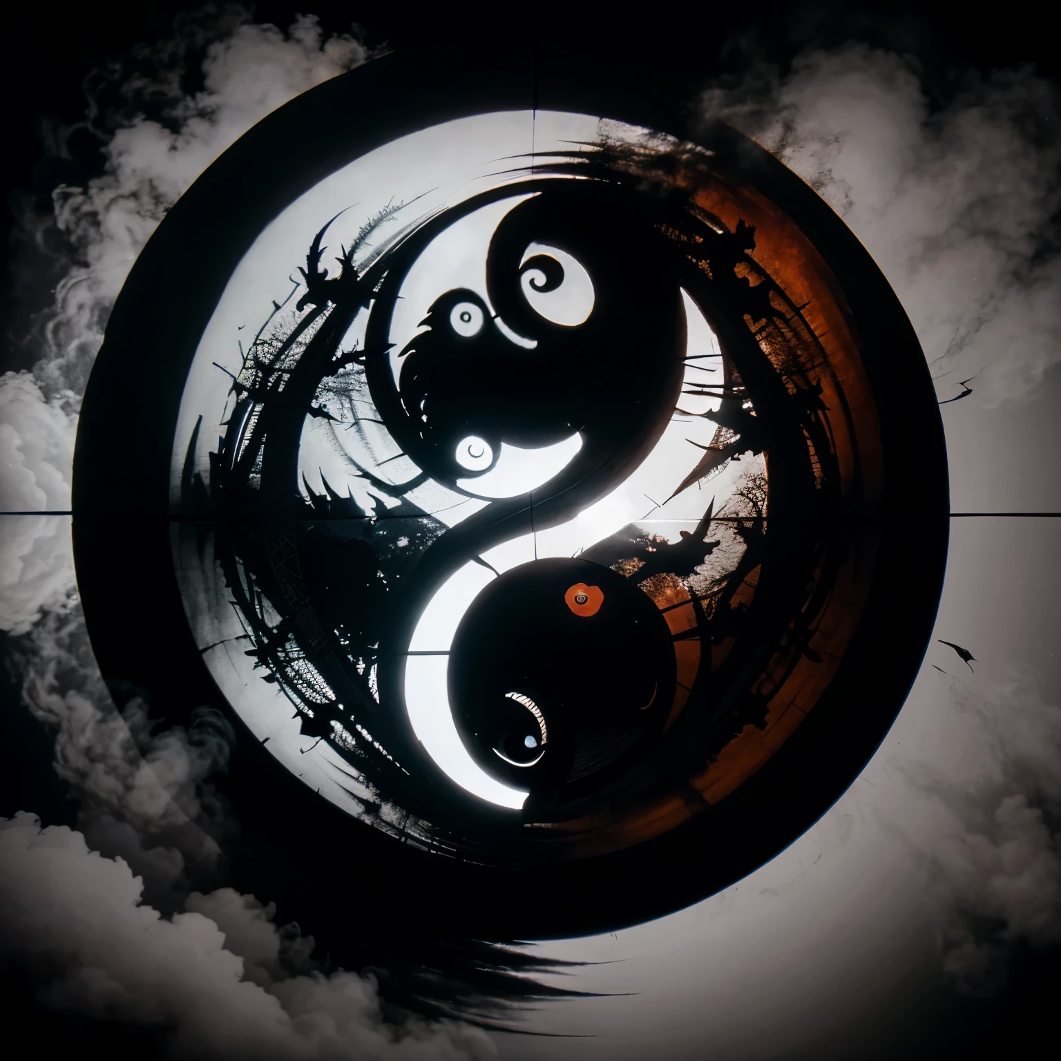 Two dragons flying the ying yang symbol with smoke in the background without being colored